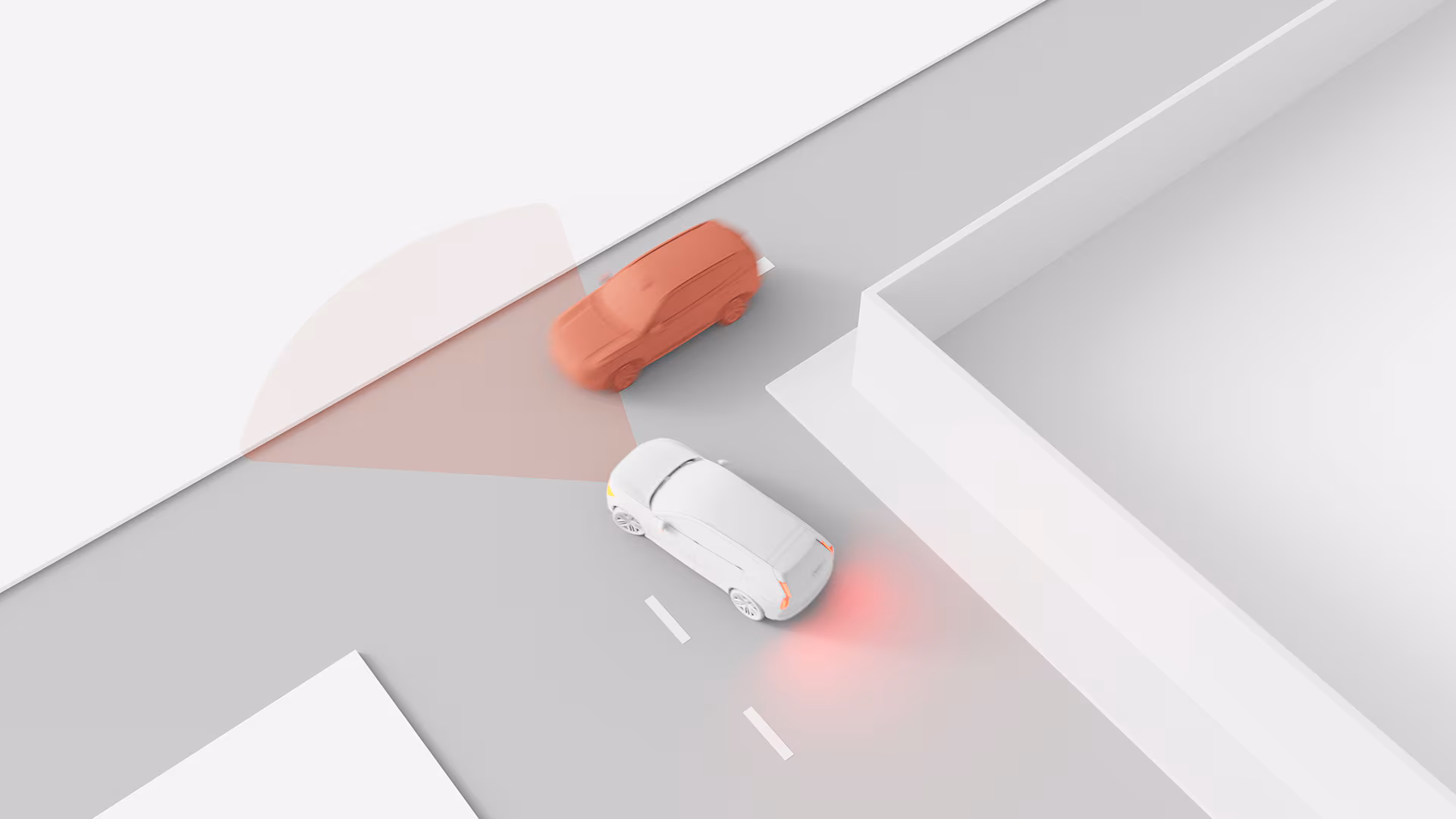 Иллюстрация автомобиля Volvo, приближающегося к перекрестку с другим автомобилем, обнаруженным системой безопасности, с использованием технологии предотвращения столкновений.
