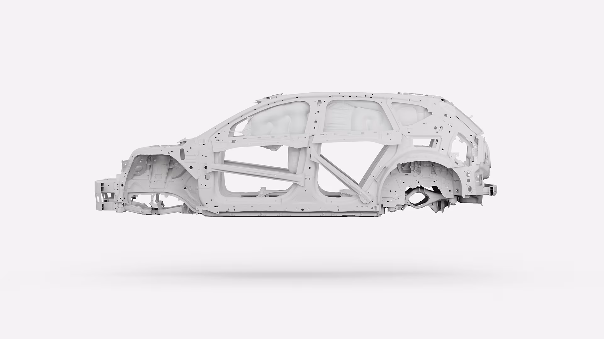 Вид сбоку на конструкцию каркаса безопасности автомобиля Volvo, с подсветкой защитной рамы и встроенными подушками безопасности.