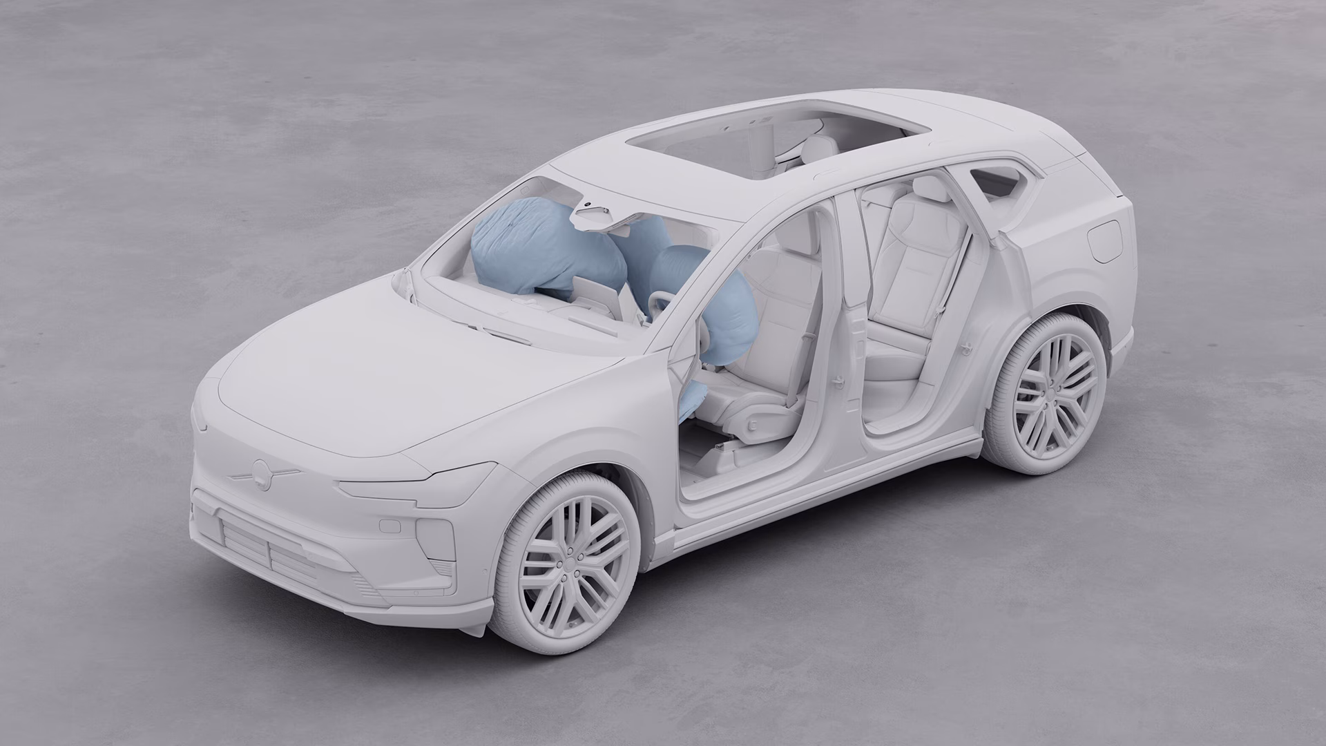 3D-модель внедорожника Volvo с развернутыми передними подушками безопасности, иллюстрирующая функции безопасности автомобиля.