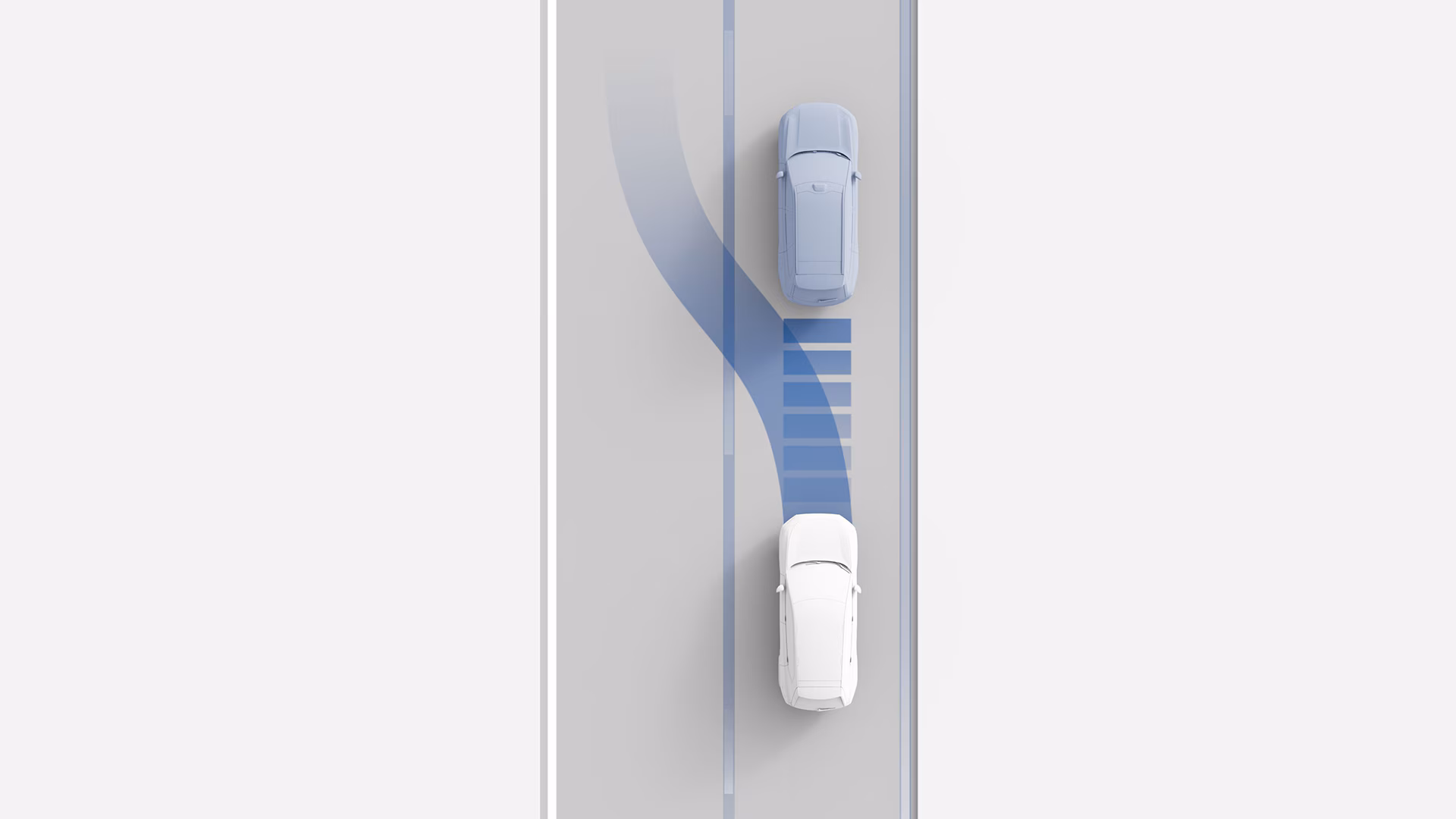 Иллюстрация автомобиля Volvo, который автоматически поворачивает, чтобы избежать столкновения с автомобилем впереди, демонстрируя передовую технологию помощи водителю.