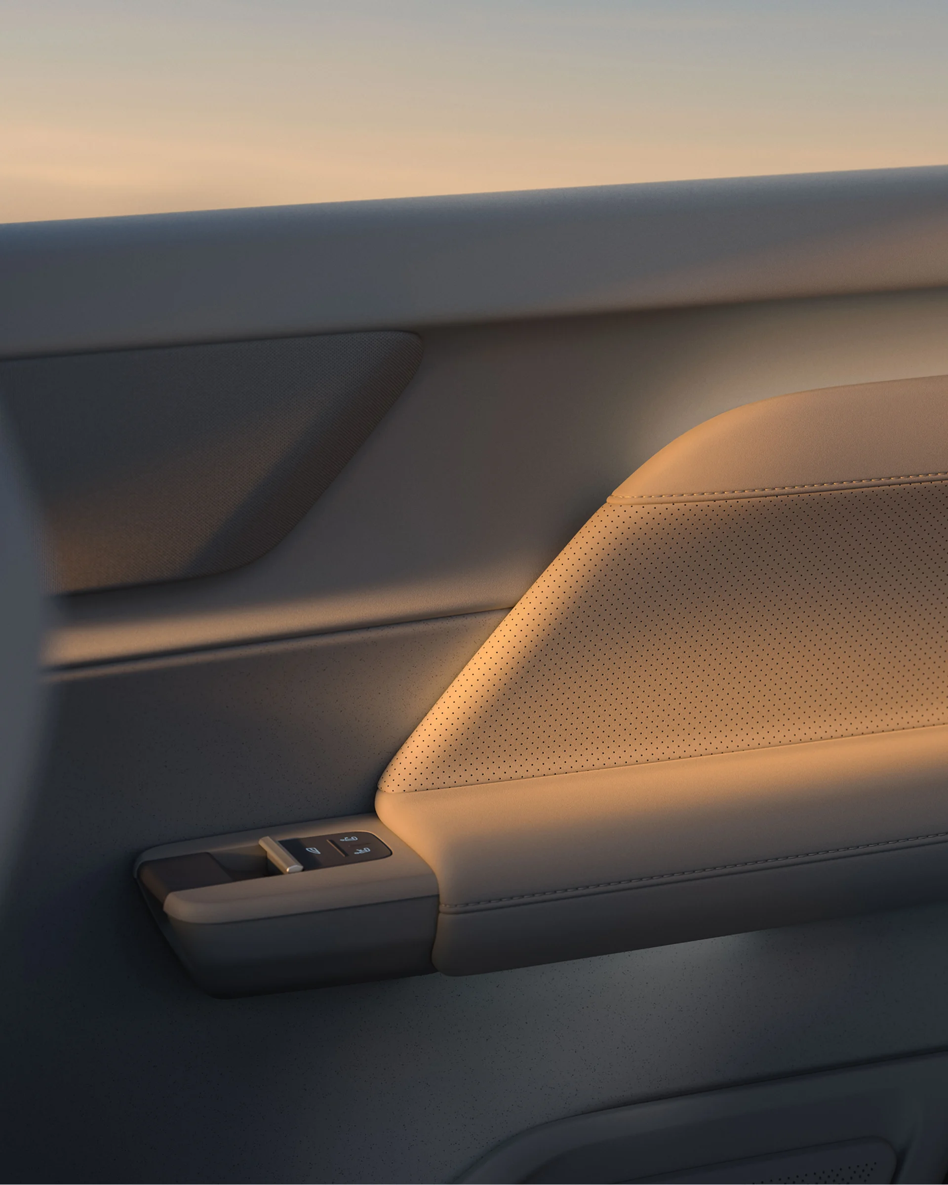 Задняя дверь Volvo EX60 с теплым светом, подчеркивающим текстуры, парящий подлокотник и панель управления.
