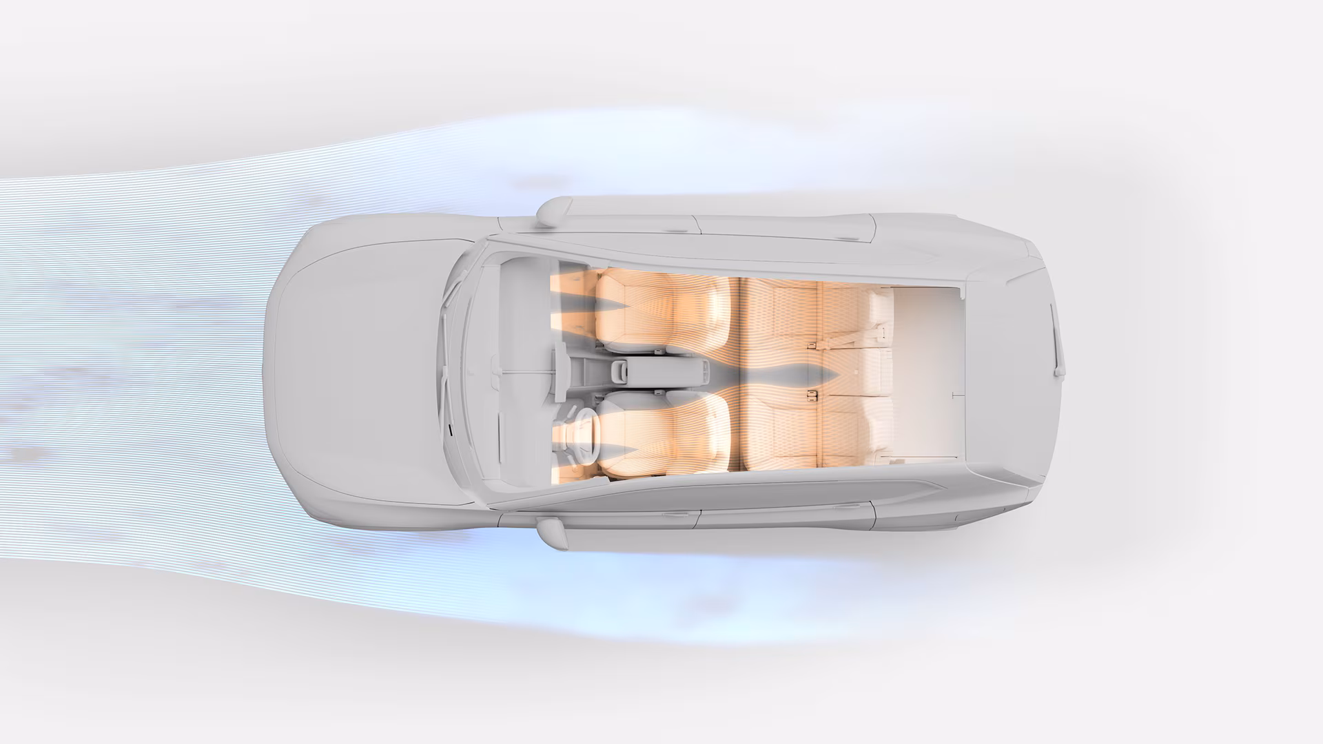 Вид сверху вниз на салон автомобиля Volvo, с выделением схем воздушных потоков и расположением сидений.