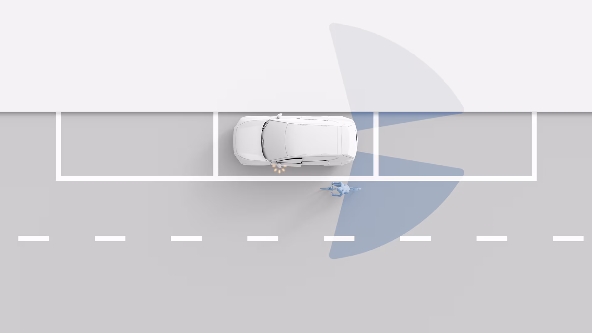 Вид сверху на иллюстрацию припаркованного автомобиля Volvo с открытой дверью, на которой изображен приближающийся велосипедист и выделена область, обозначающая безопасность.