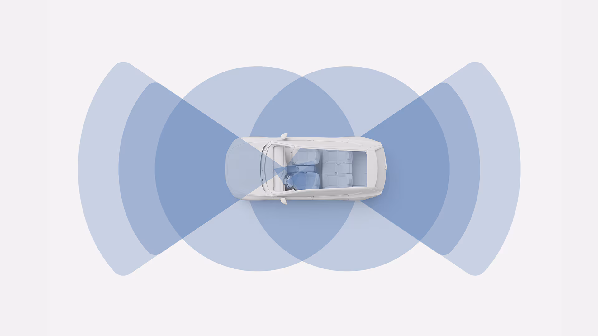 Иллюстрация автомобиля Volvo сверху вниз, показывающая перекрывающиеся синие зоны вокруг автомобиля, представляющие охват датчика или системы безопасности на 360 градусов.