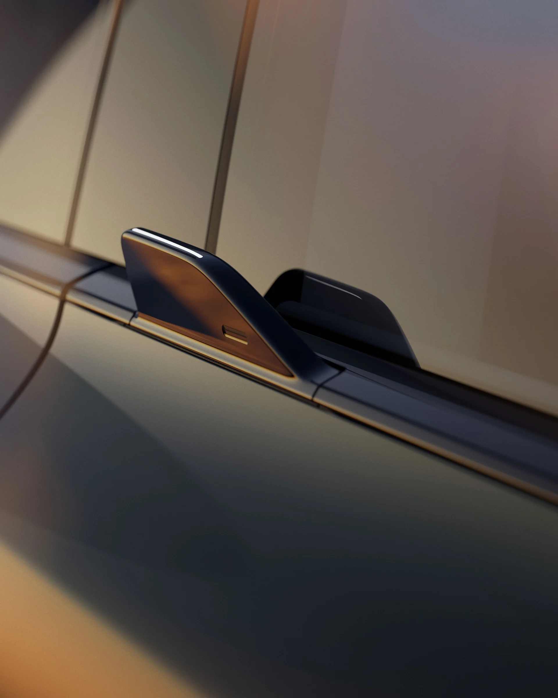Дверная ручка Volvo EX60 крупным планом в теплом вечернем свете.