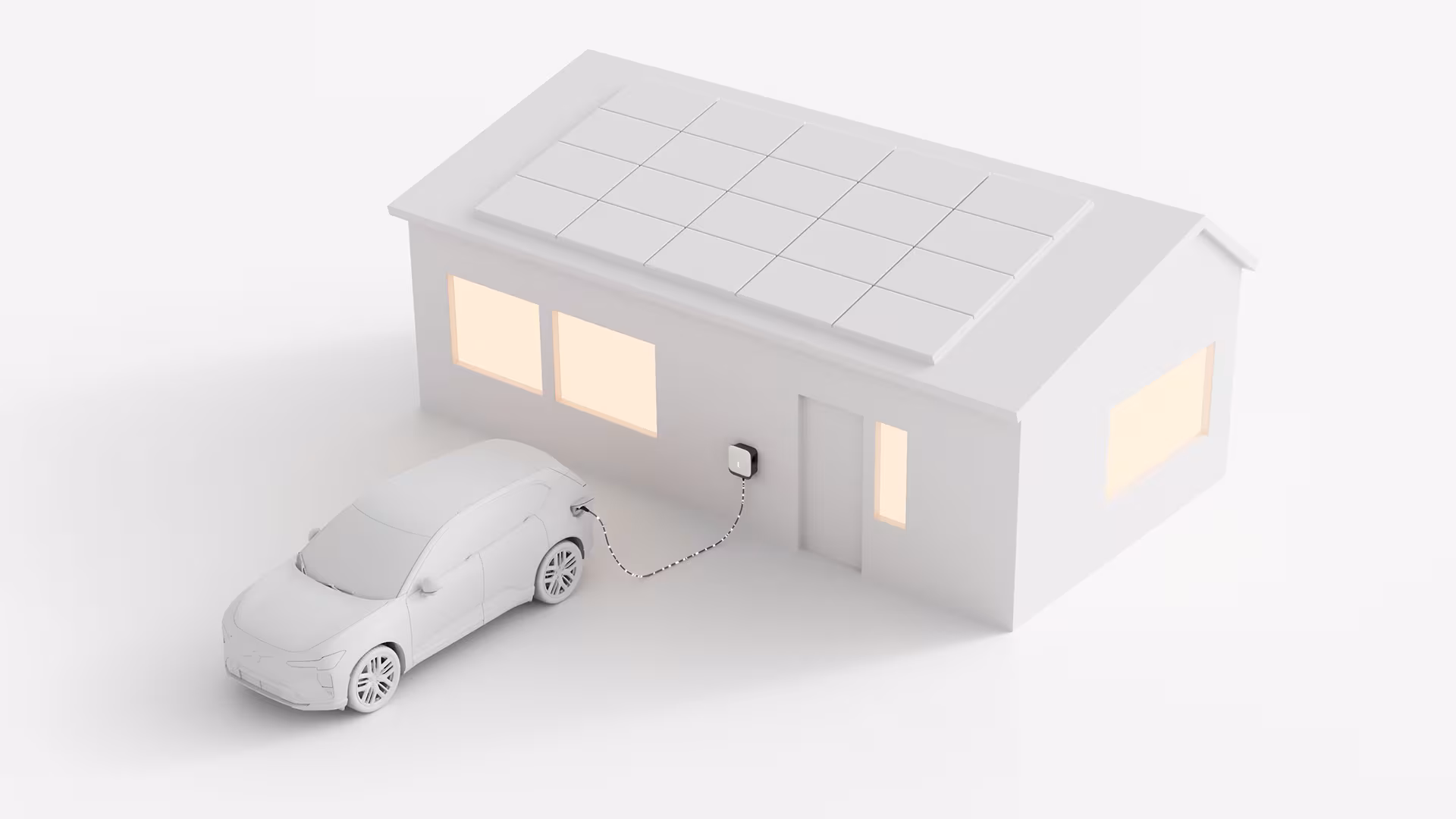 Электромобиль Volvo заряжается в доме, оборудованном солнечными батареями, что свидетельствует об устойчивом использовании энергии.