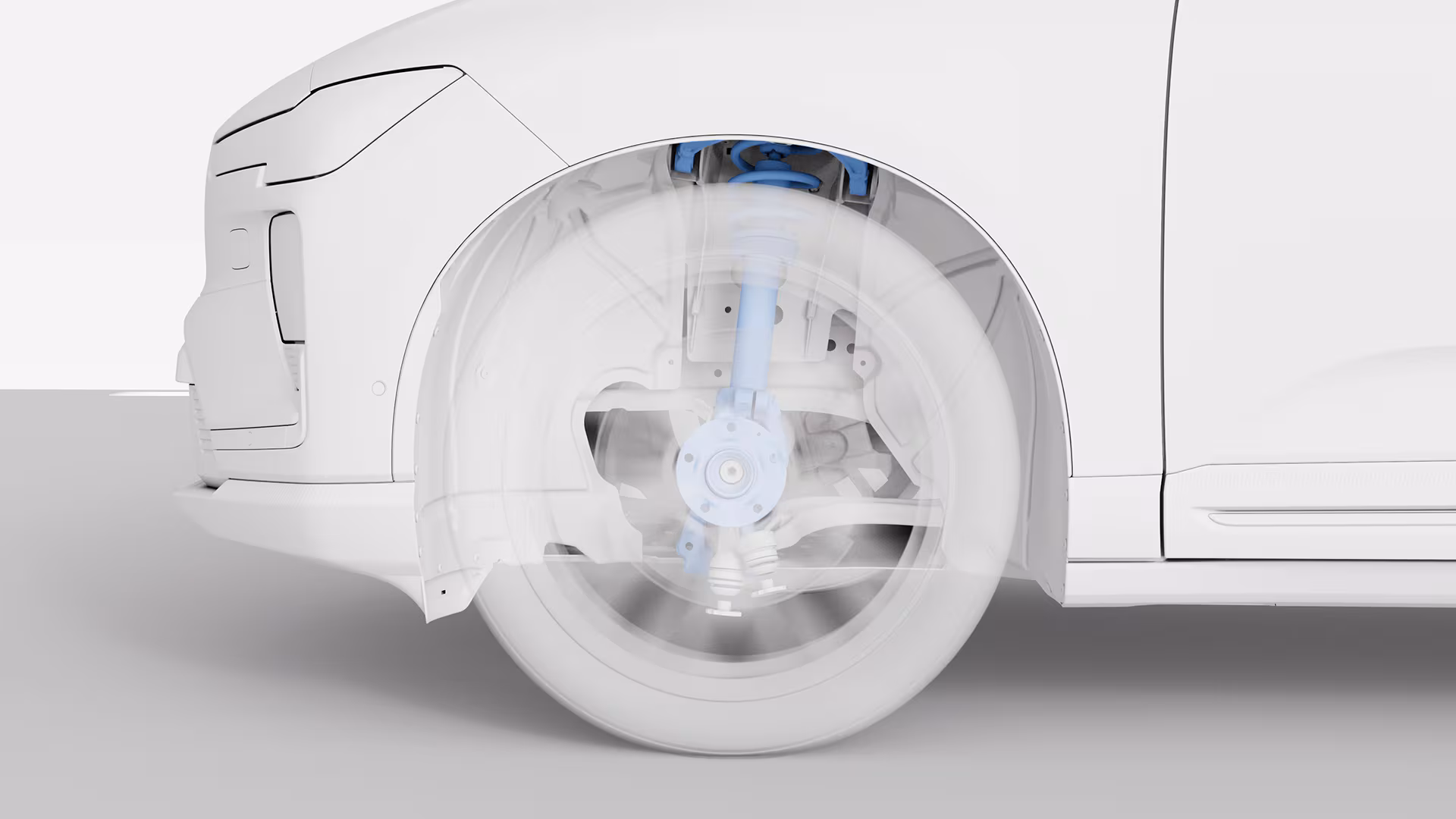 Детальная иллюстрация переднего колеса и системы подвески автомобиля Volvo, показывающая внутренние компоненты через полупрозрачный вид.