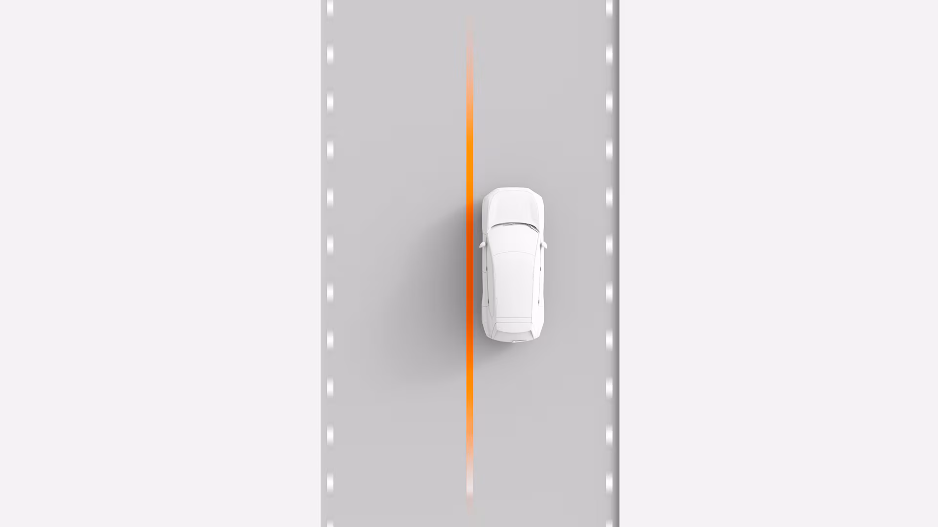 Иллюстрация автомобиля Volvo, движущегося по дороге с выделенной разметкой, представляющей собой технологию помощи в удержании полосы движения.