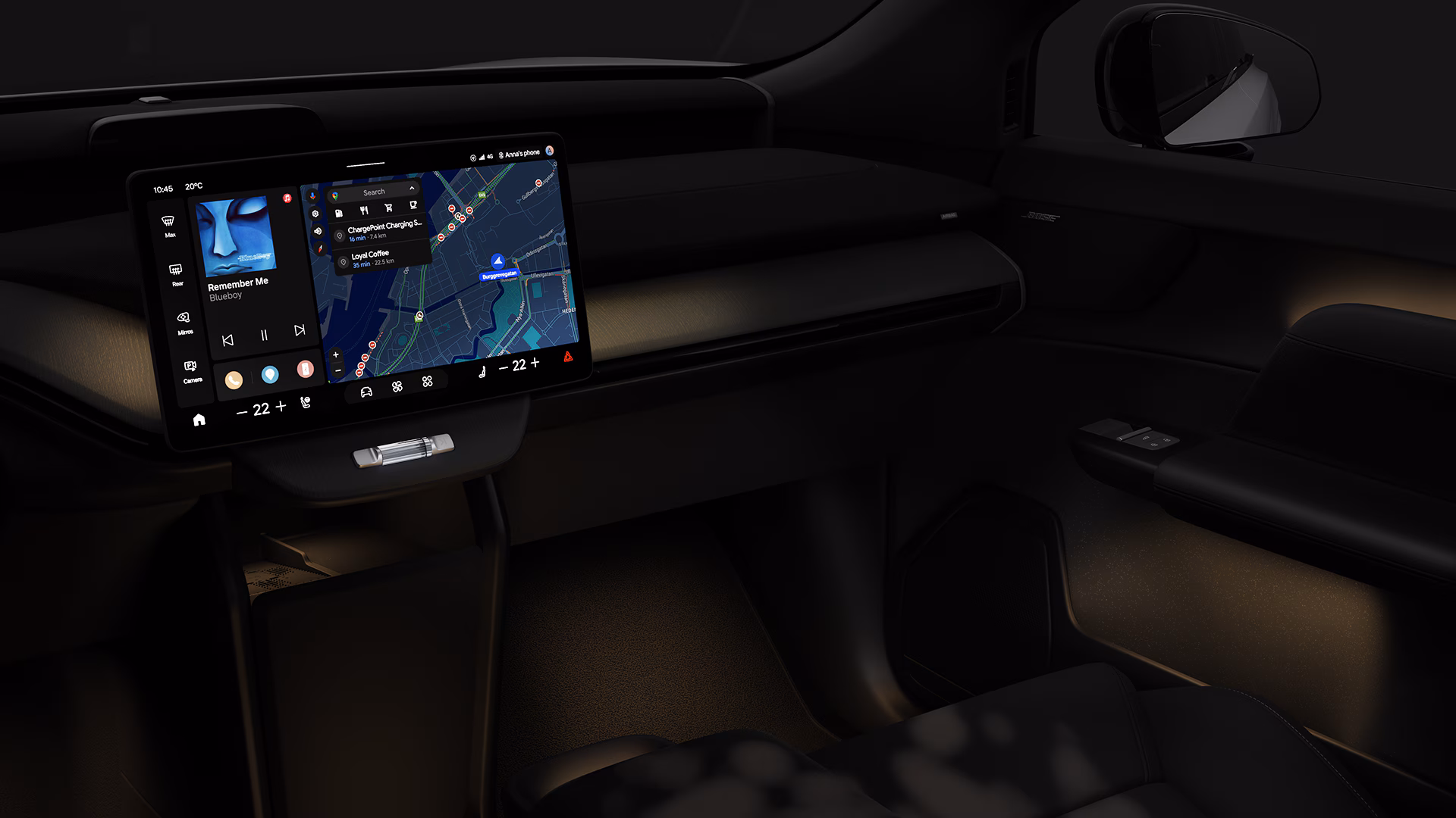 В салоне Volvo расположен большой центральный сенсорный экран, на котором отображаются функции навигации, музыки и климат-контроля.