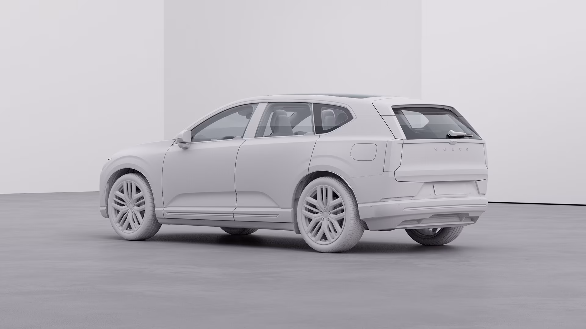 3D-рендеринг внедорожника Volvo в оттенках серого в минималистичной студийной обстановке.