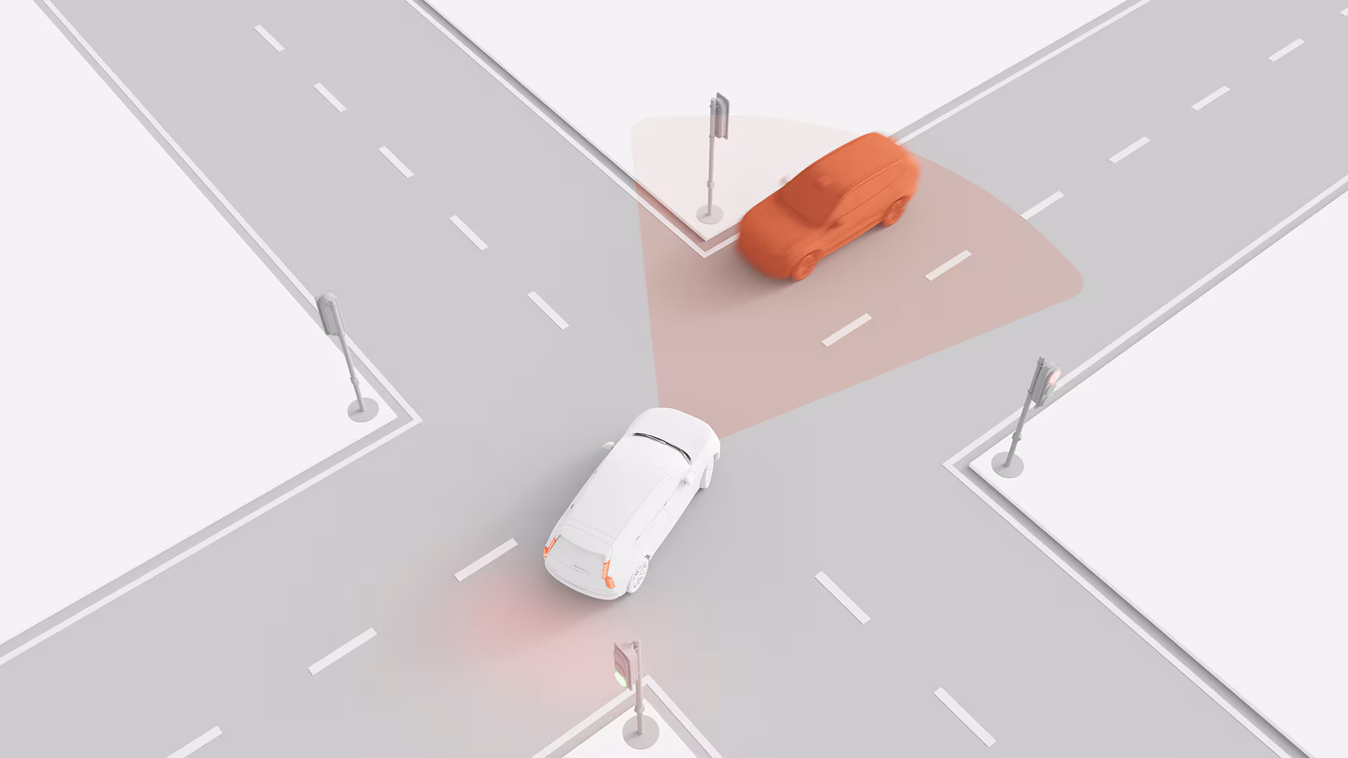 Иллюстрация автомобиля Volvo, приближающегося к перекрестку, с подсветкой продвинутых датчиков безопасности, обнаруживающих близлежащее транспортное средство.