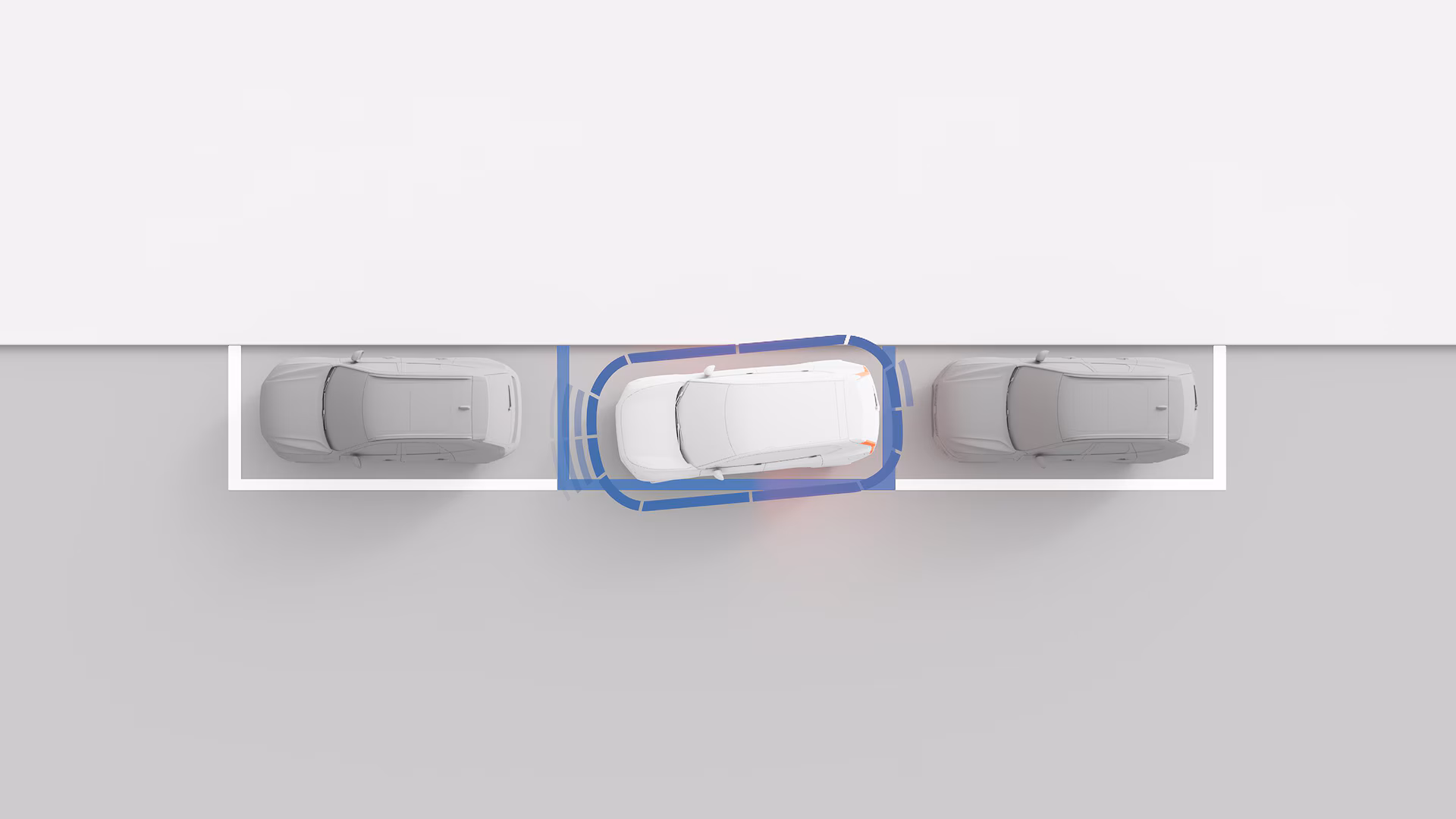 Иллюстрация автомобиля Volvo, использующего технологию помощи при парковке для параллельной парковки между двумя автомобилями.