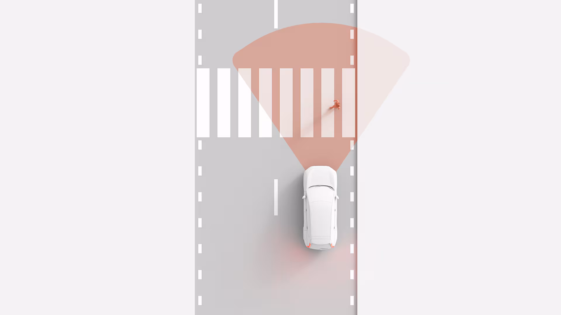 Иллюстрация автомобиля Volvo, обнаруживающего пешехода на пешеходном переходе с помощью датчика, направленного вперед.