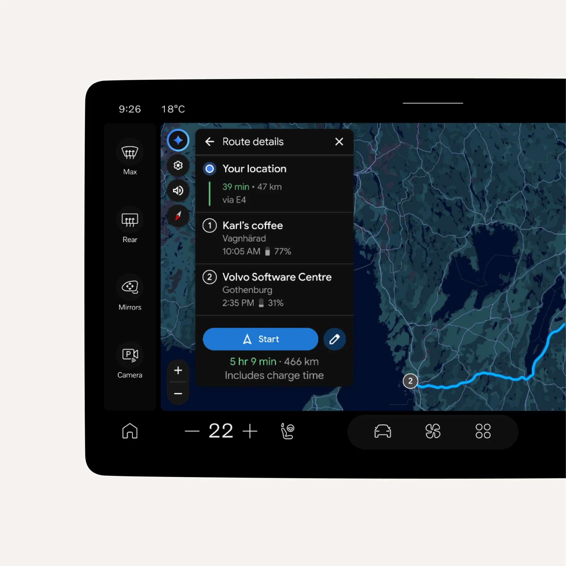 Крупный план центрального дисплея Volvo EX60, показывающего Google Maps в открытой области применения.