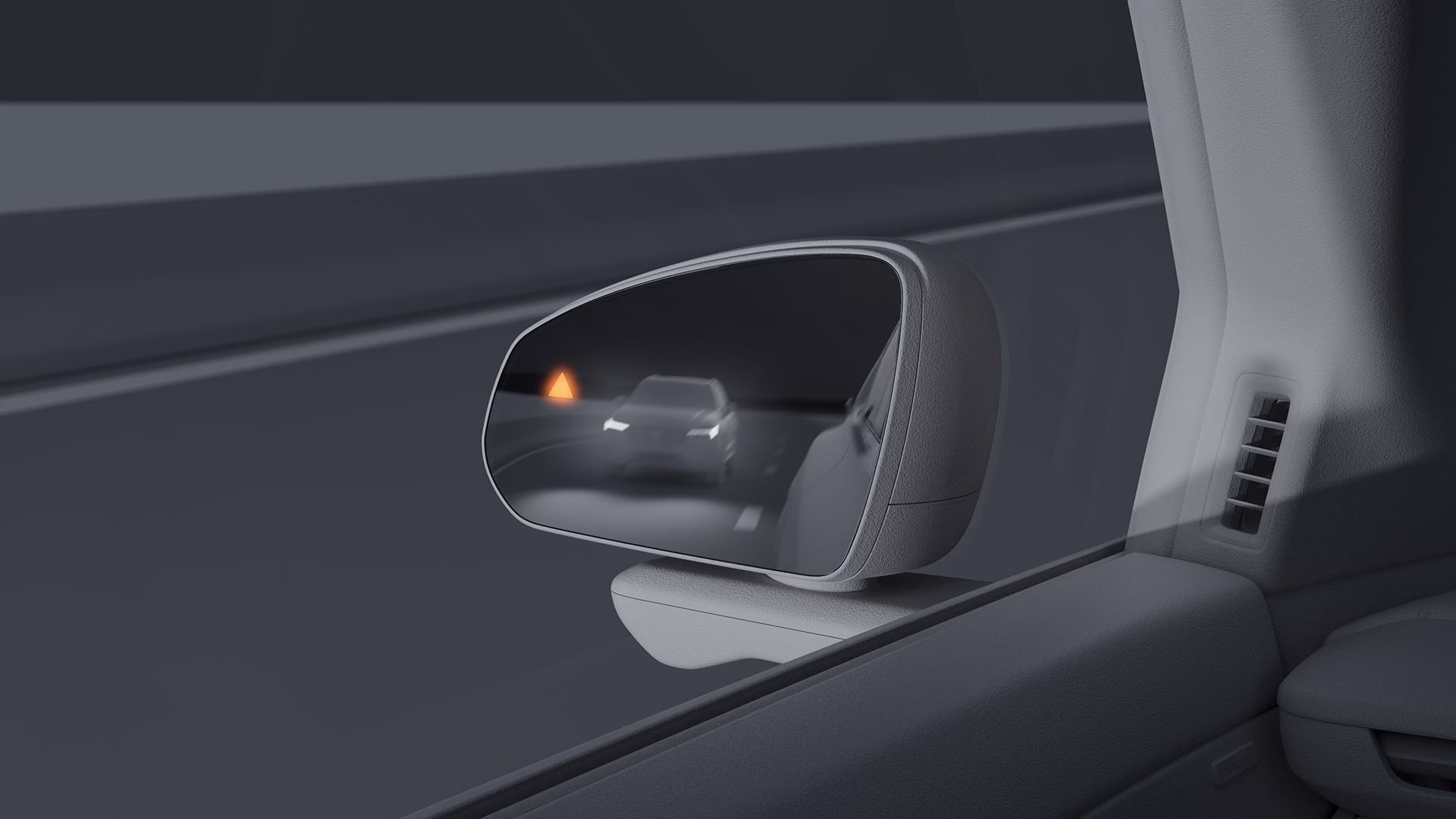 Боковое зеркало Volvo с предупреждающим индикатором слепых зон с другим транспортным средством, видимым на соседней полосе.