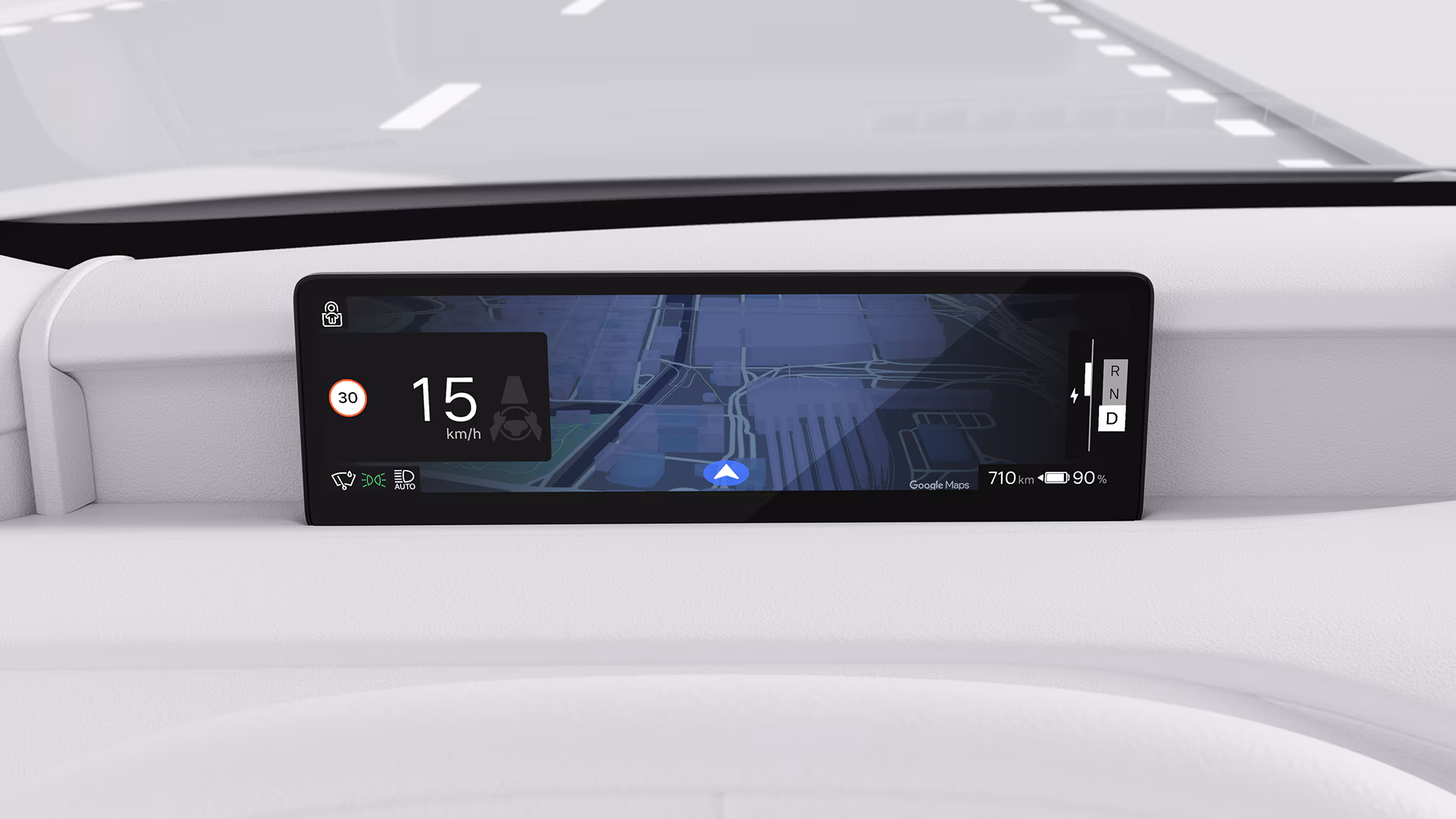 Цифровой дисплей водителя Volvo, отображающий навигацию с Google Maps, текущую скорость, ограничение скорости, режим вождения и запас хода батареи.