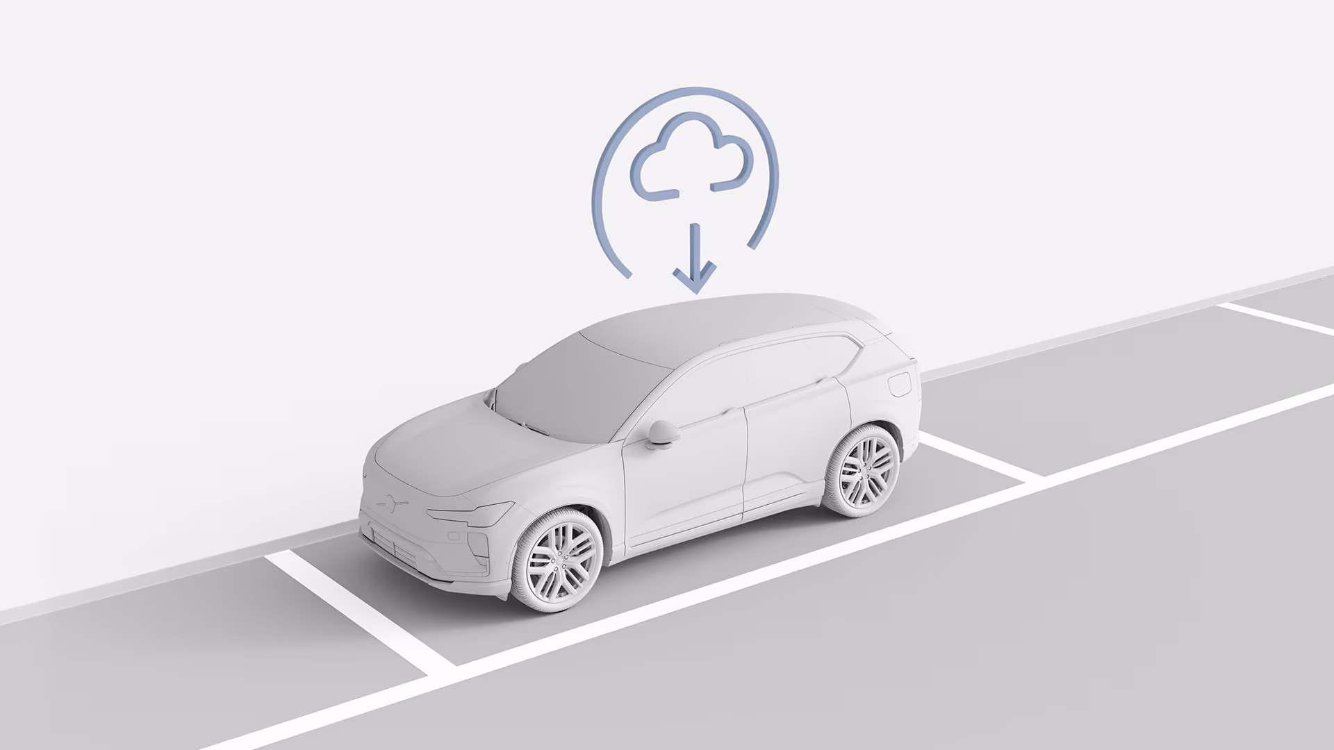 Иллюстрация внедорожника Volvo на парковке со значком загрузки в облако вверху, представляющим беспроводное обновление программного обеспечения.