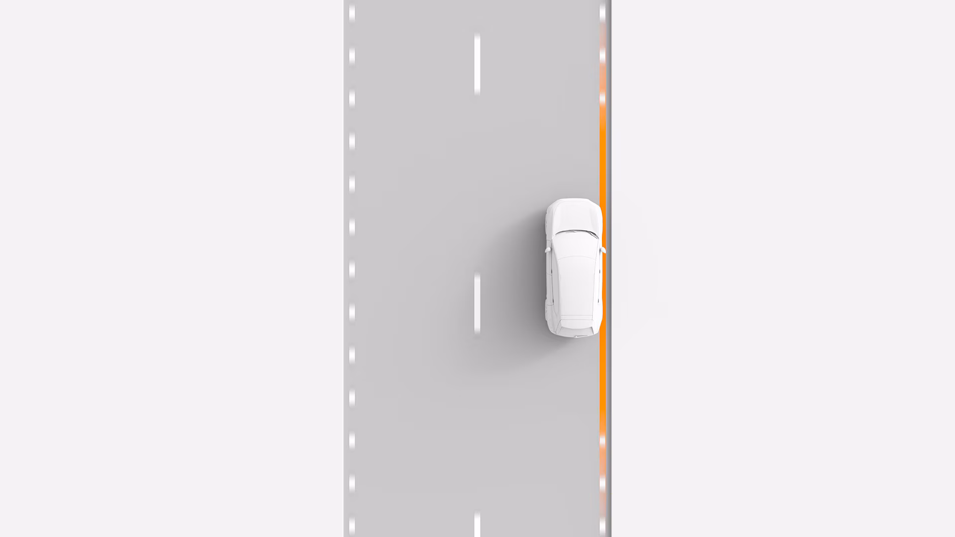 Сверху вниз изображение автомобиля Volvo, движущегося у края полосы движения, с оранжевой обсветкой на границе полосы.