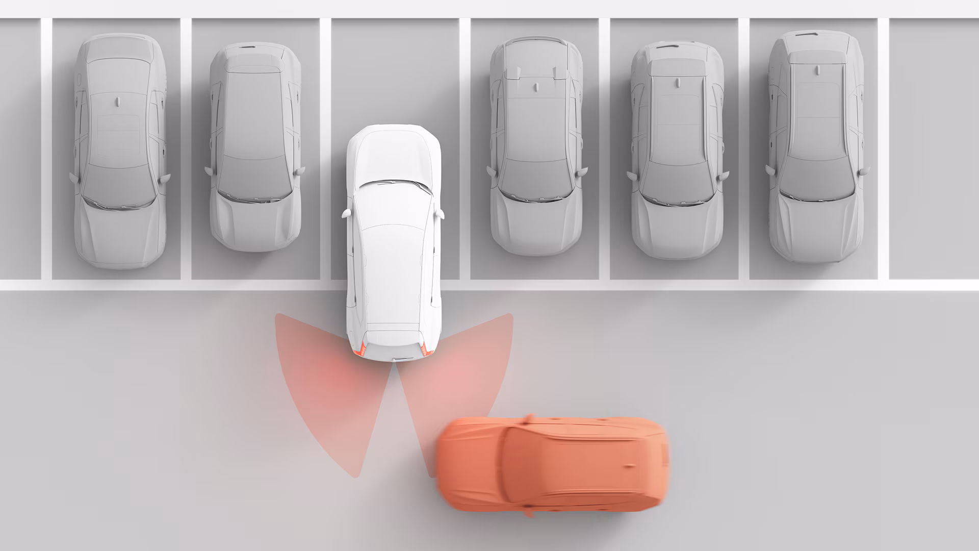 Иллюстрация автомобиля Volvo, выезжающего с парковочного места задним ходом, с красными лучами датчиков, обнаруживающими приближающийся автомобиль, демонстрирующий технологию предупреждения о перекрестном движении.