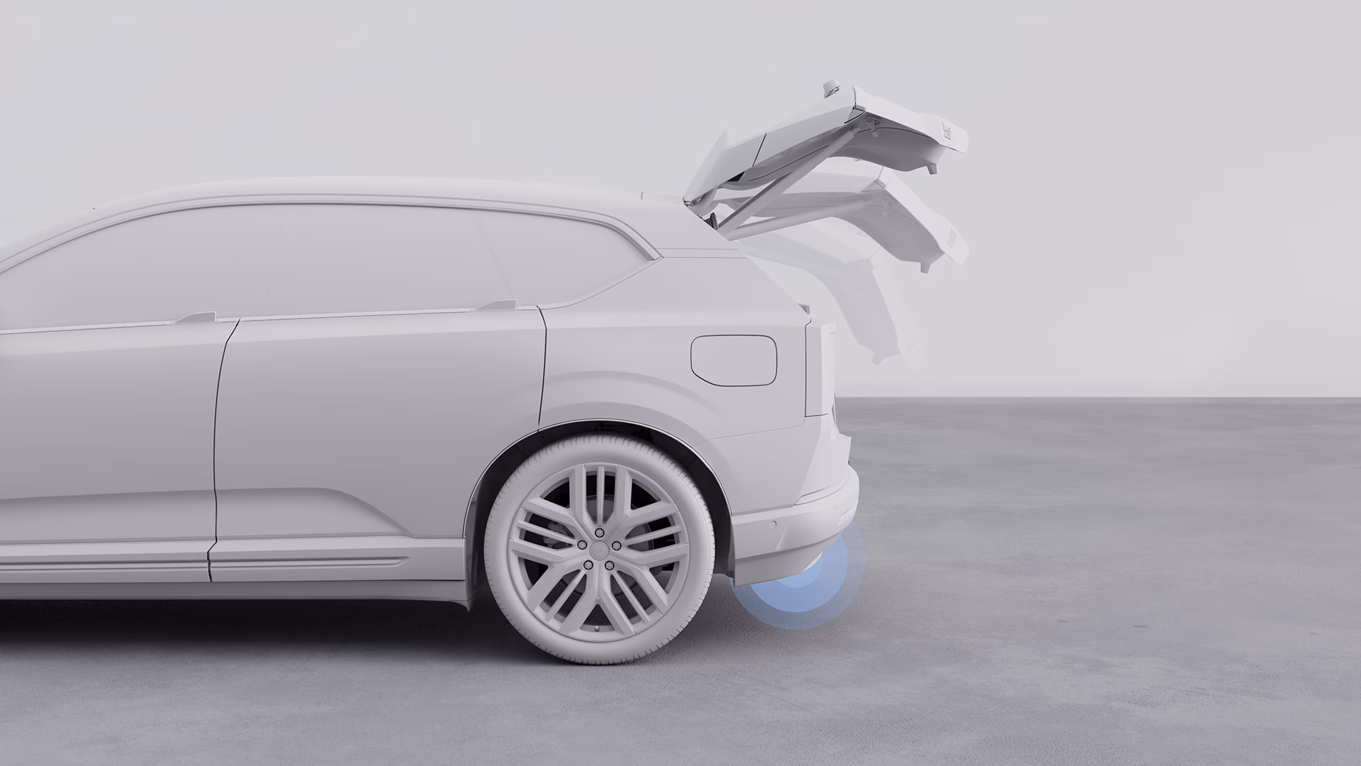 Иллюстрация внедорожника Volvo с автоматическим открыванием двери багажника, подчеркивая функцию громкой связи двери багажника.