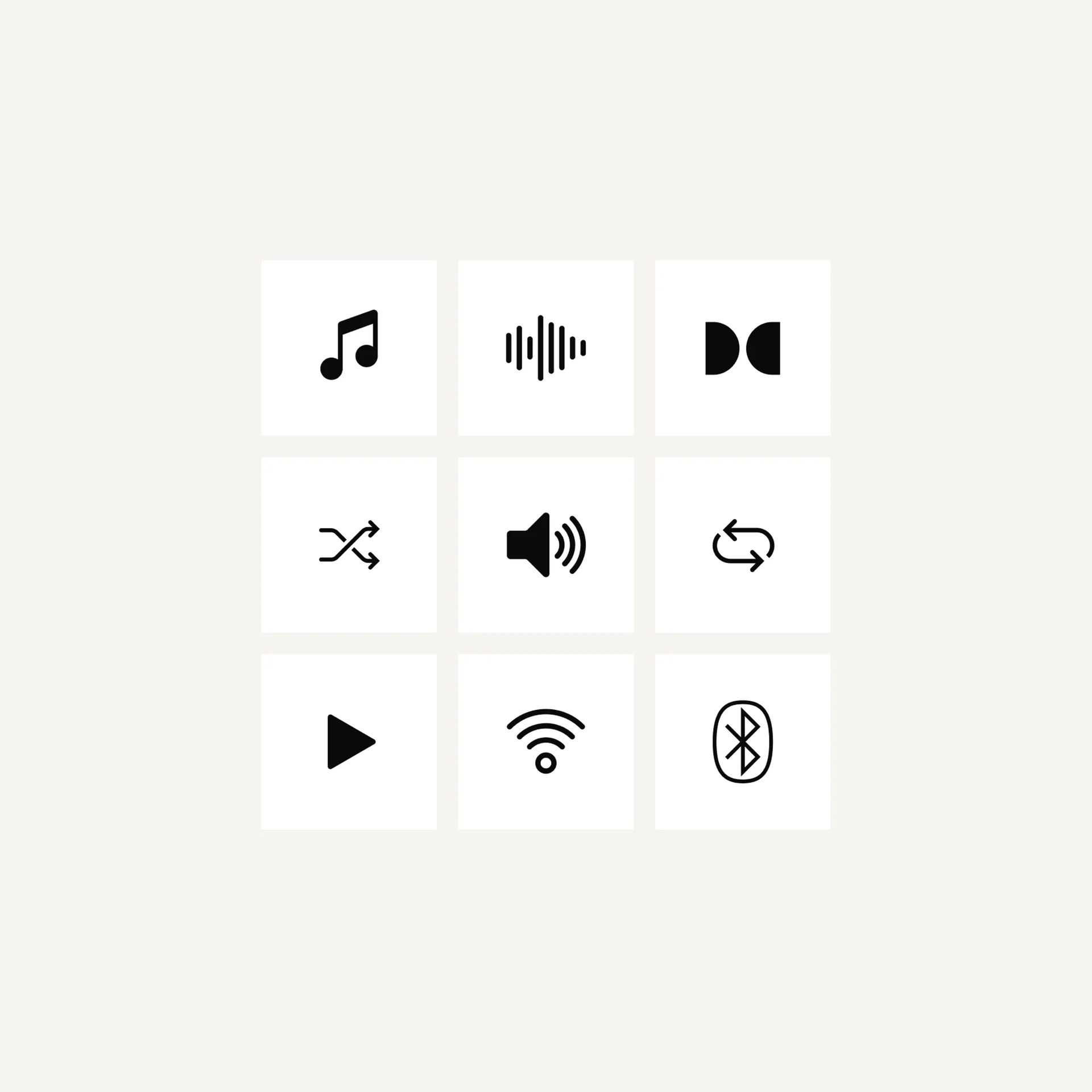 Набор значков развлечений, включая Bluetooth, громкость, музыкальную ноту и случайное воспроизведение. 