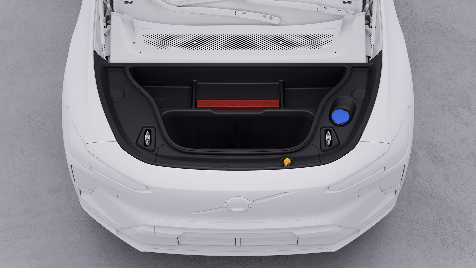 Открытое переднее отсек (frunk) электромобиля Volvo с упорядоченными отсеками и точками доступа.