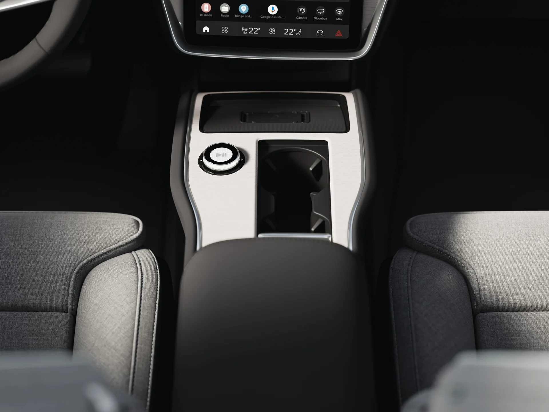 Вид сверху на центральную консоль и место для хранения в Volvo EX90