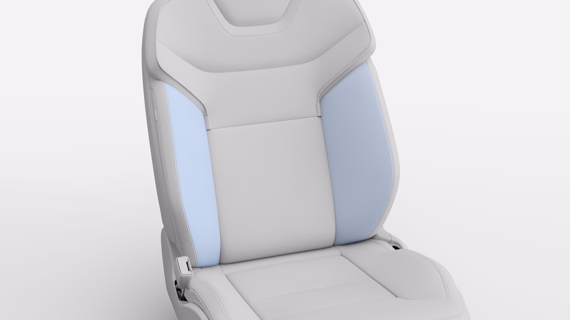 Автокресло Volvo со светло-серой обивкой и светло-голубыми боковыми панелями, демонстрирующими дизайн и материалы сиденья.