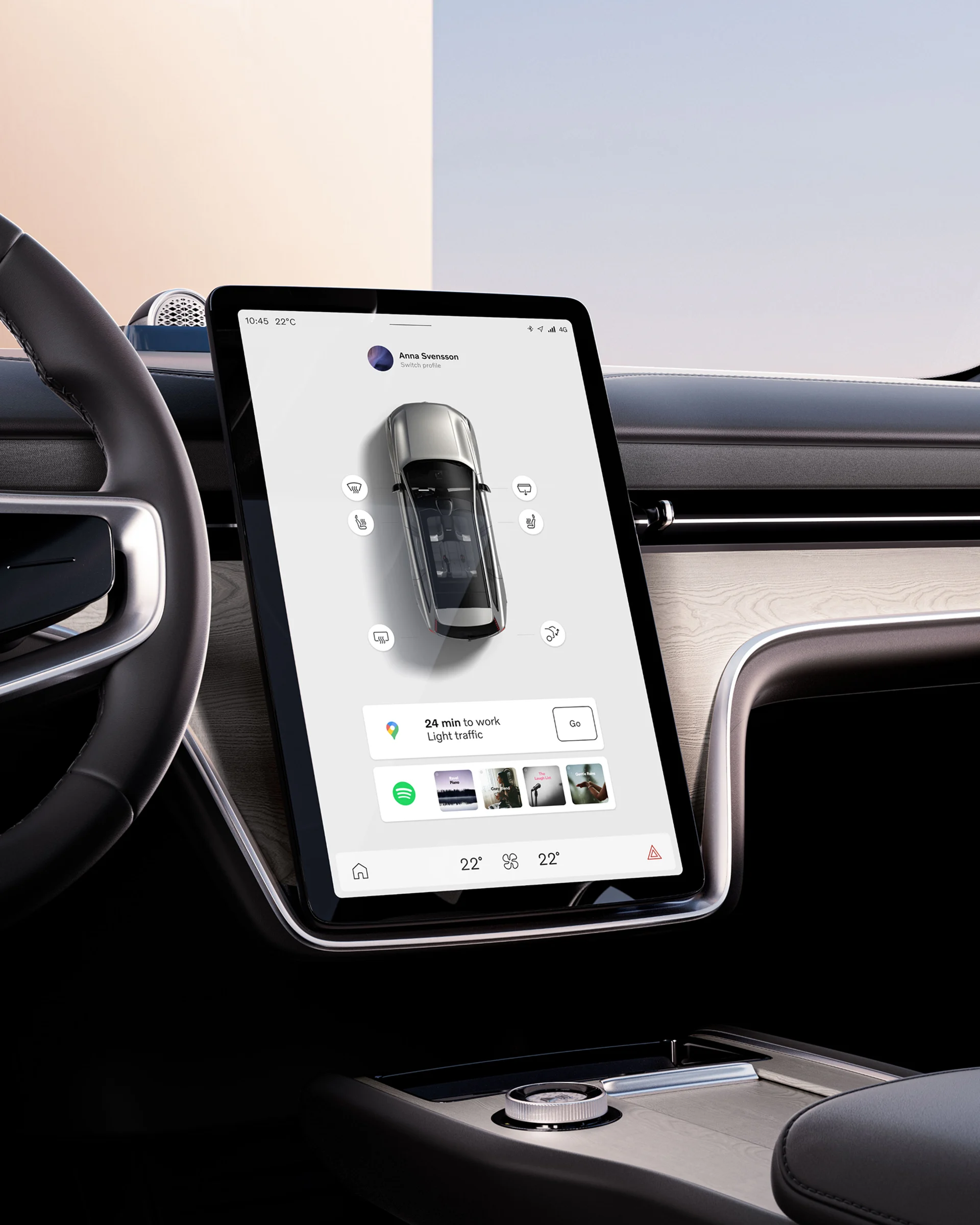 Центральный сенсорный экран Volvo EX90, отображающий элементы управления навигацией и мультимедиа.