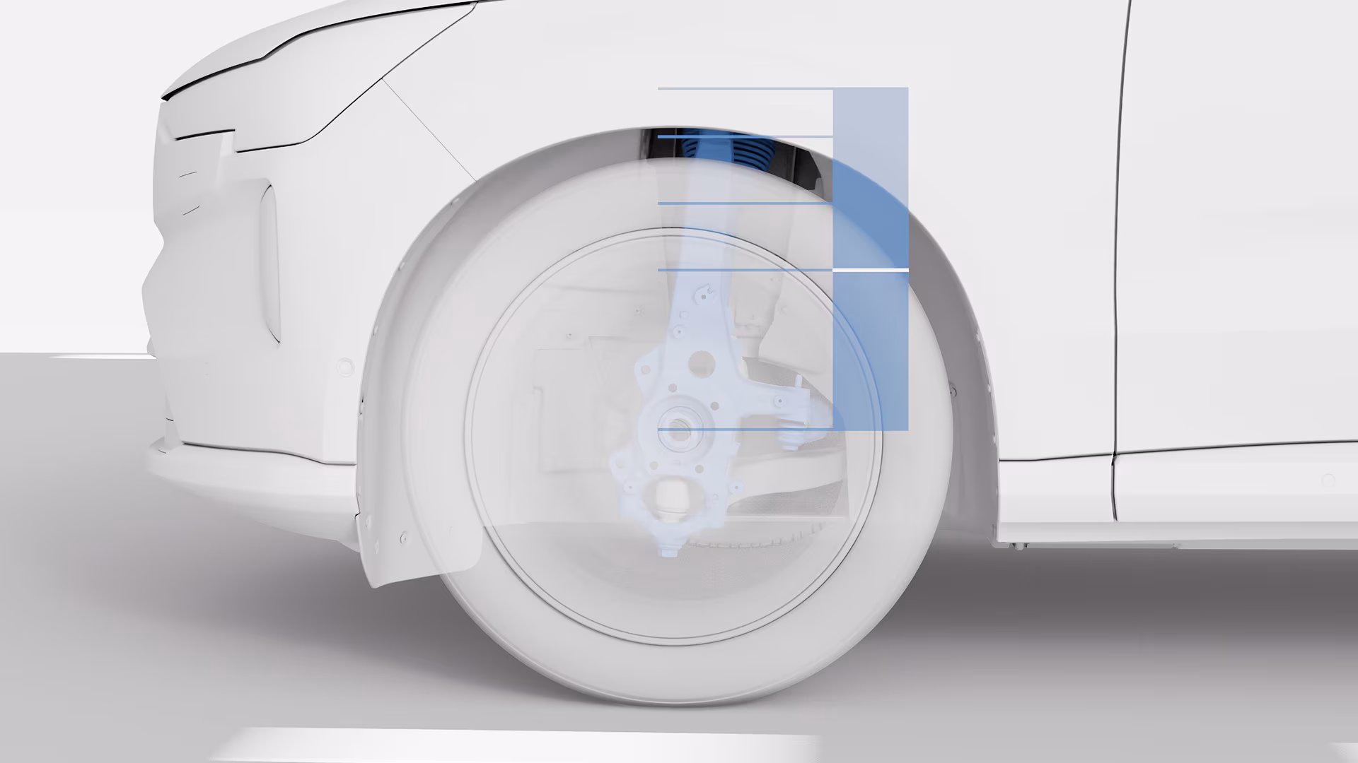 Иллюстрация переднего колеса и системы подвески автомобиля Volvo, внутренние компоненты которых выделены прозрачными и синими накладками.
