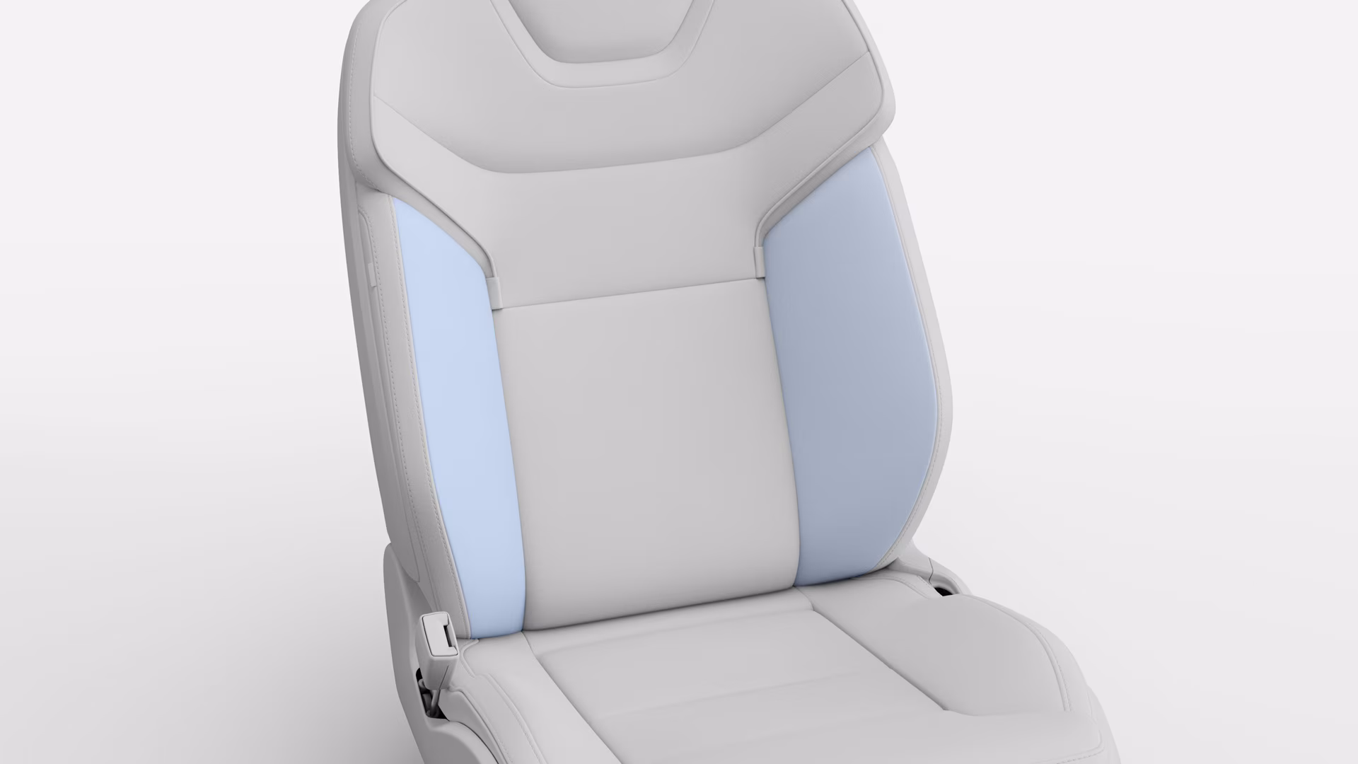 Автокресло Volvo со светло-серой обивкой и светло-голубыми боковыми панелями, демонстрирующими дизайн и материалы сиденья.