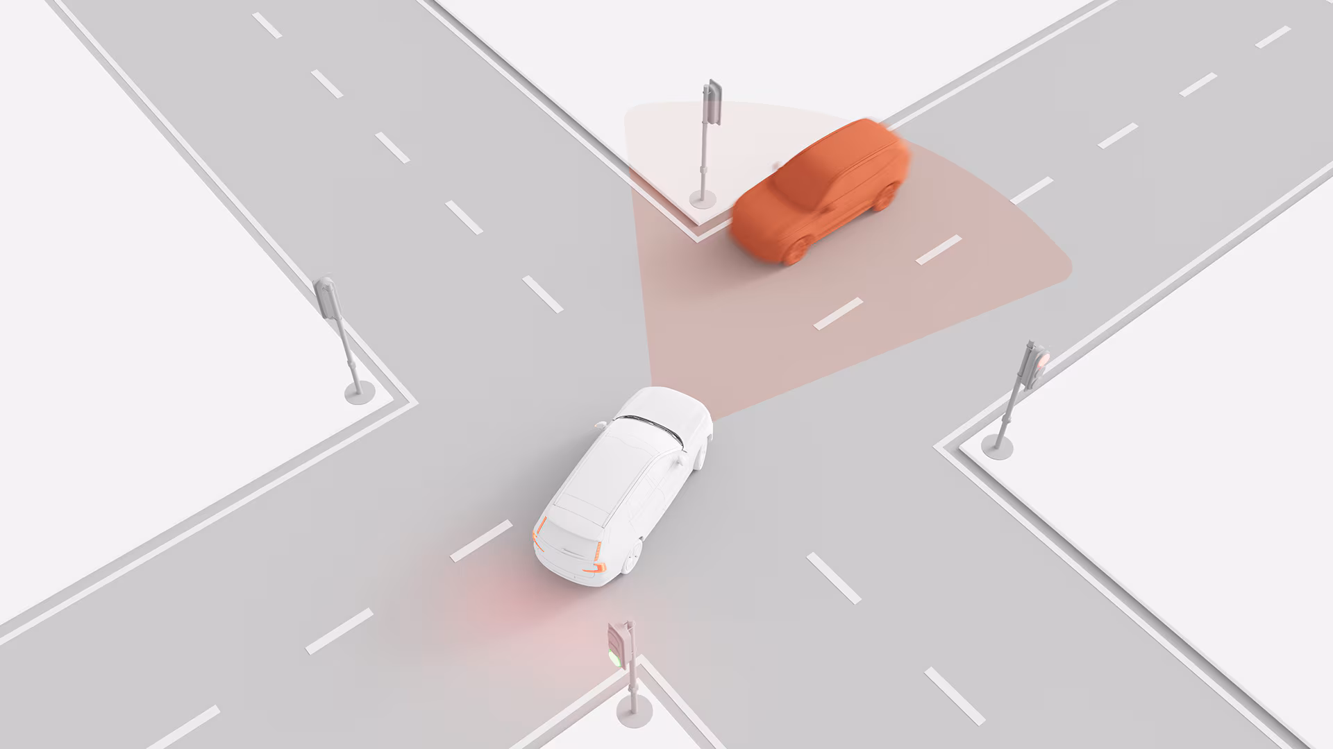 Иллюстрация автомобилей Volvo на перекрестке, демонстрирующих передовые датчики безопасности, обнаруживающие перекрестное движение.