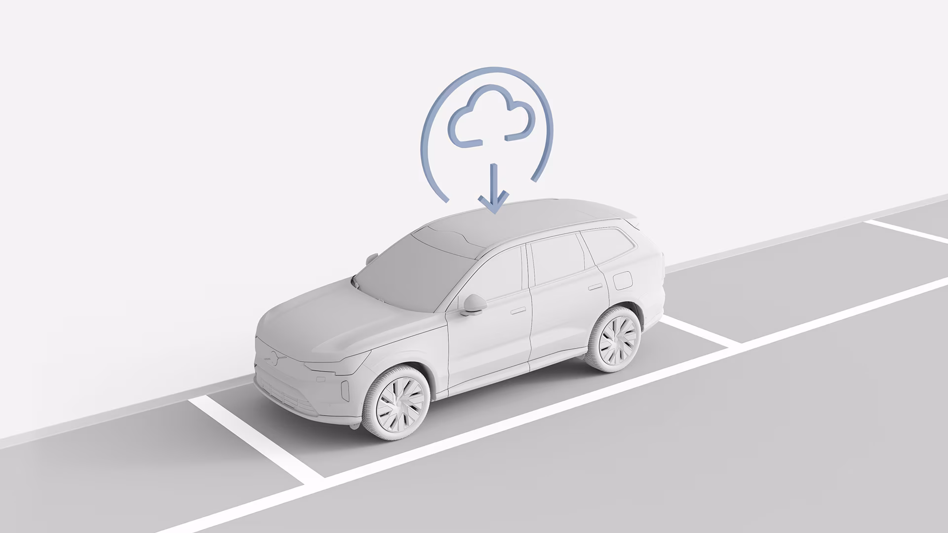 Иллюстрация внедорожника Volvo, припаркованного на парковочном месте, с облаком и символом стрелки вниз над ним, обозначающим беспроводное обновление программного обеспечения.