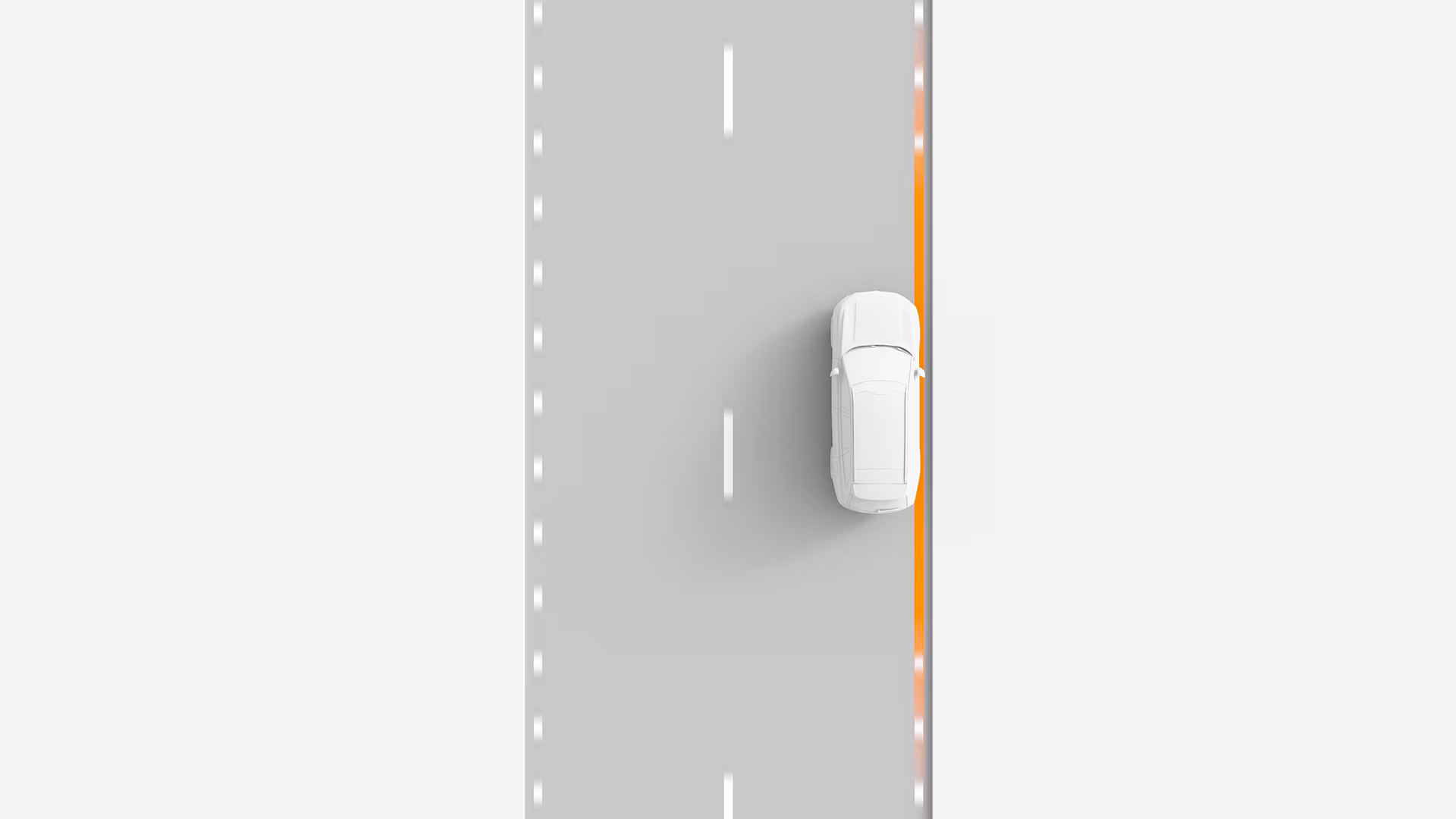 Вид сверху вниз на автомобиль Volvo, движущийся близко к краю полосы движения, с оранжевой подсветкой для обозначения границы полосы.