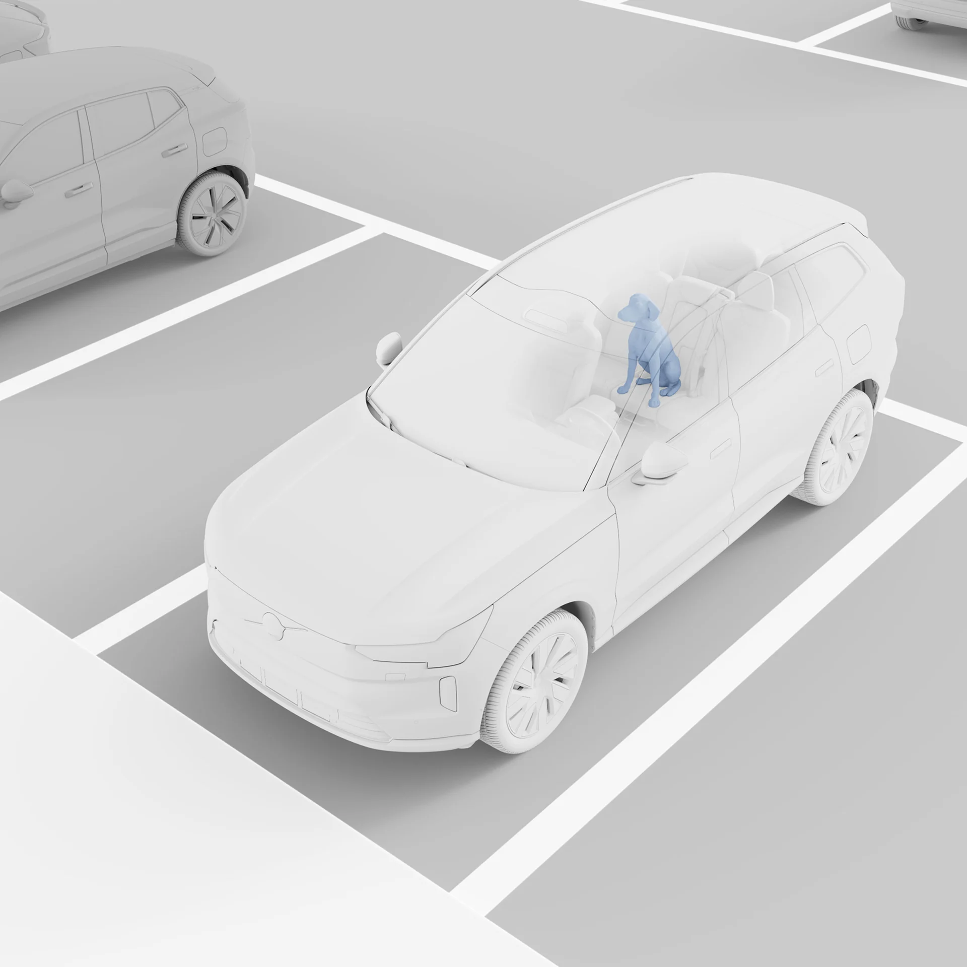Визуализированный вид Volvo EX90, демонстрирующий синюю фигуру собаки в салоне, демонстрирующую систему Occupant Sensing.