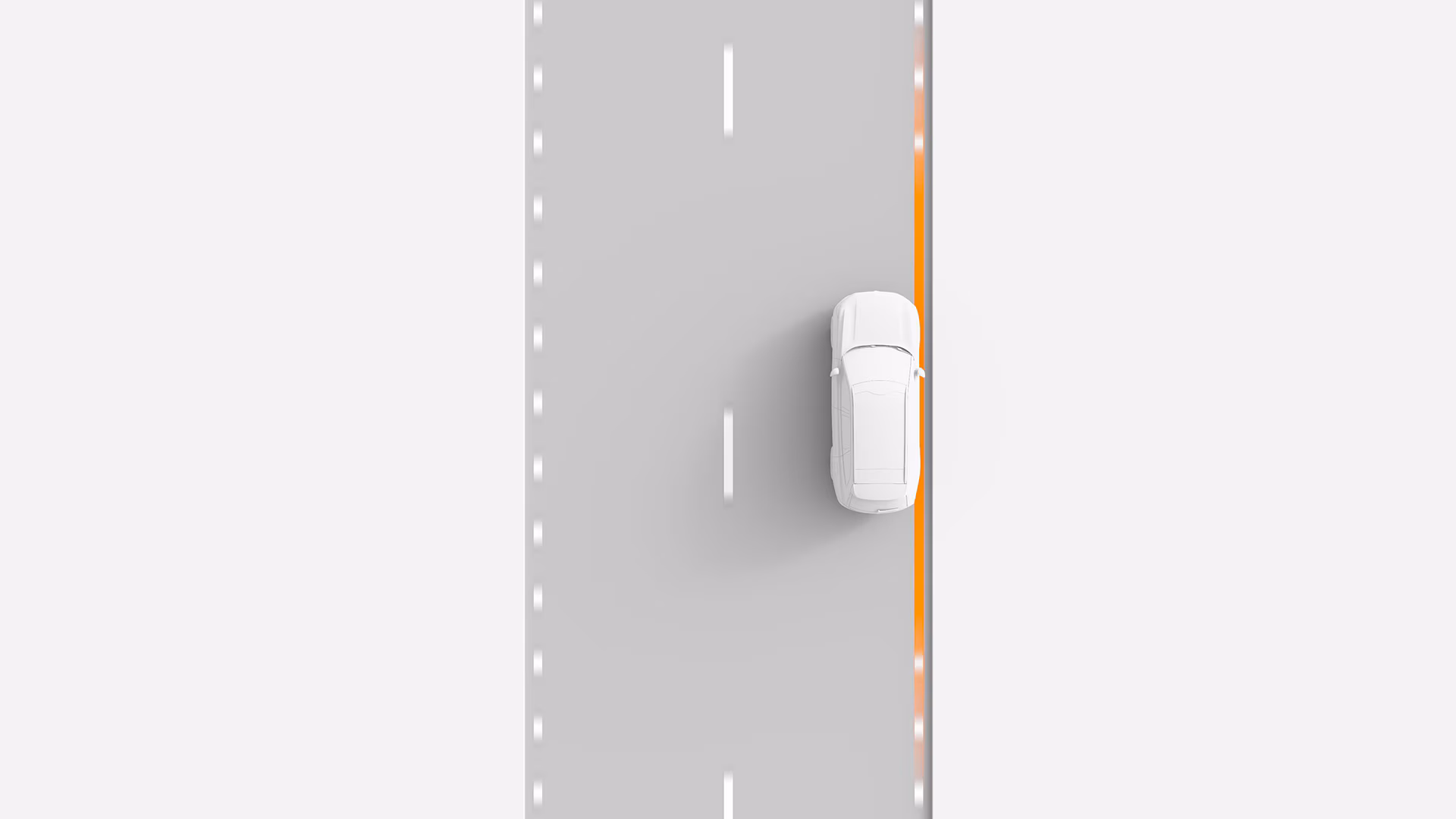 Вид сверху вниз на автомобиль Volvo, движущийся близко к краю полосы движения, с оранжевой подсветкой для обозначения границы полосы.
