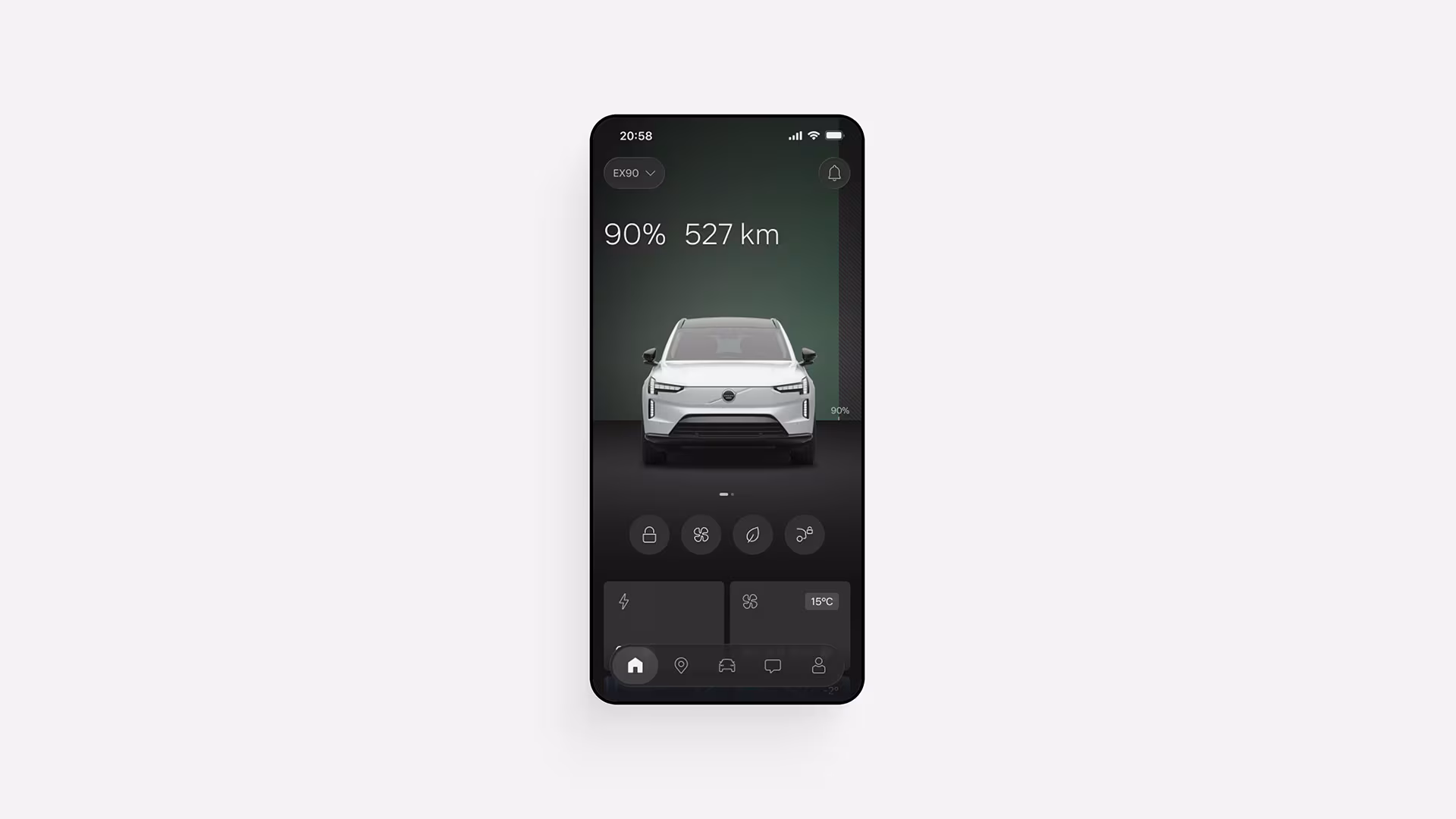 Интерфейс мобильного приложения, отображающий Volvo EX90 с аккумулятором 90% и запасом хода 527 километров.
