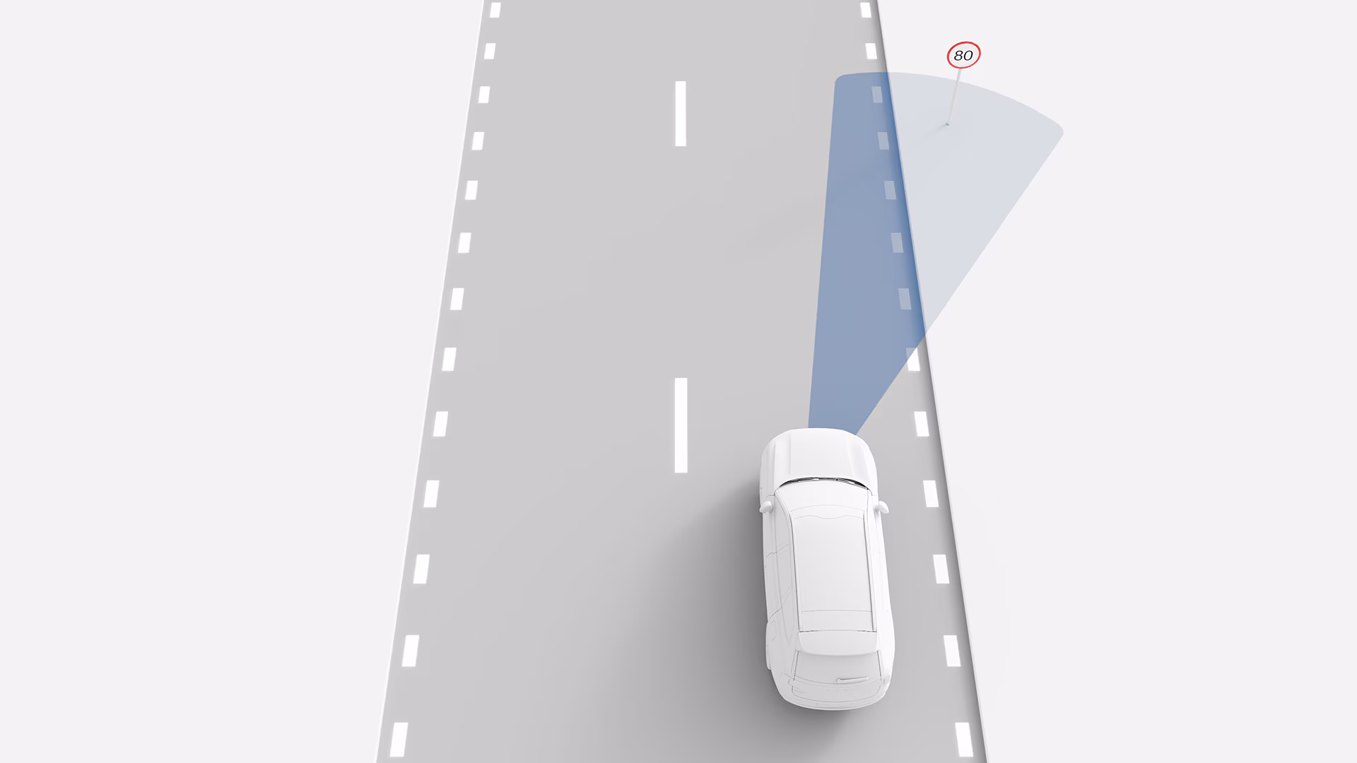 Иллюстрация автомобиля Volvo, использующего бортовые датчики для обнаружения знака ограничения скорости 80 км/ч на обочине дороги.