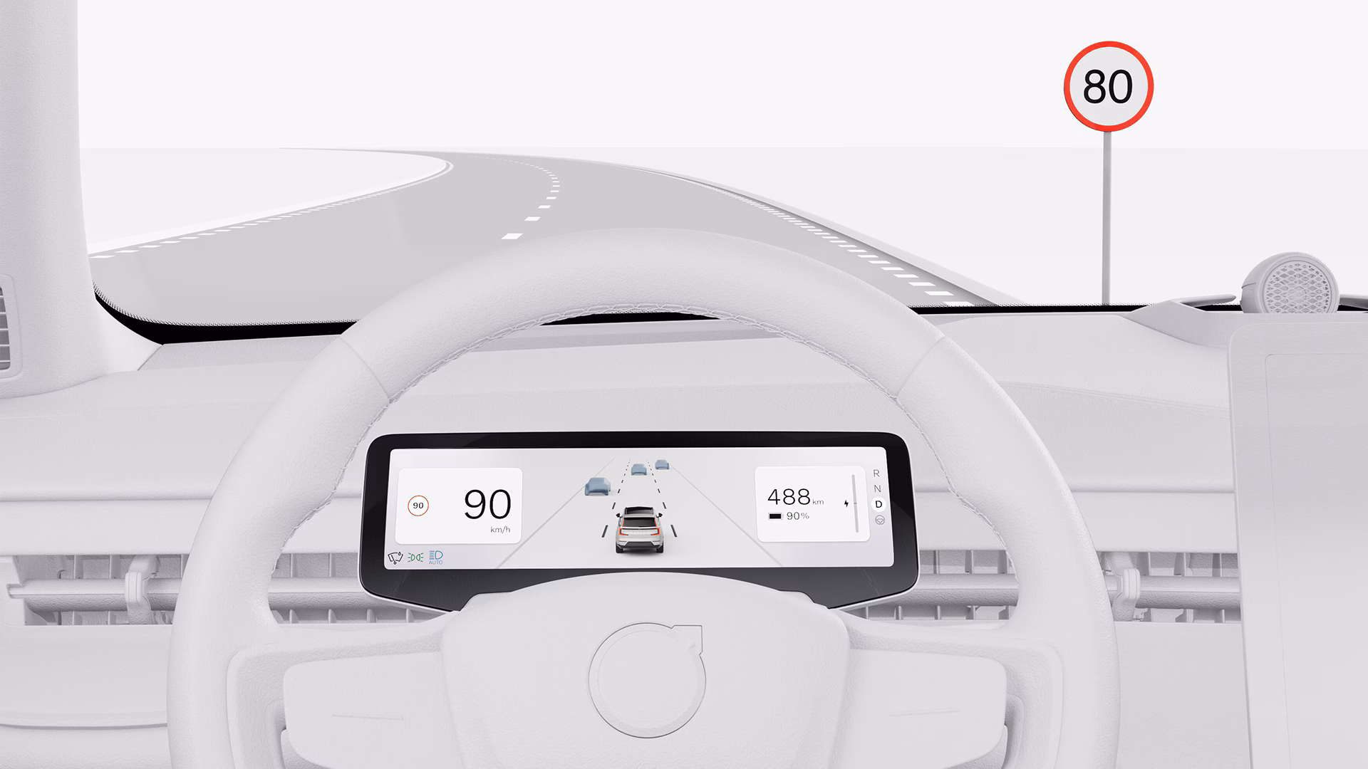 Вид с места водителя Volvo, на цифровом дисплее приборной панели отображается информация о скорости, запасе хода батареи и полосе движения, а снаружи виден знак ограничения скорости 80 км/ч.