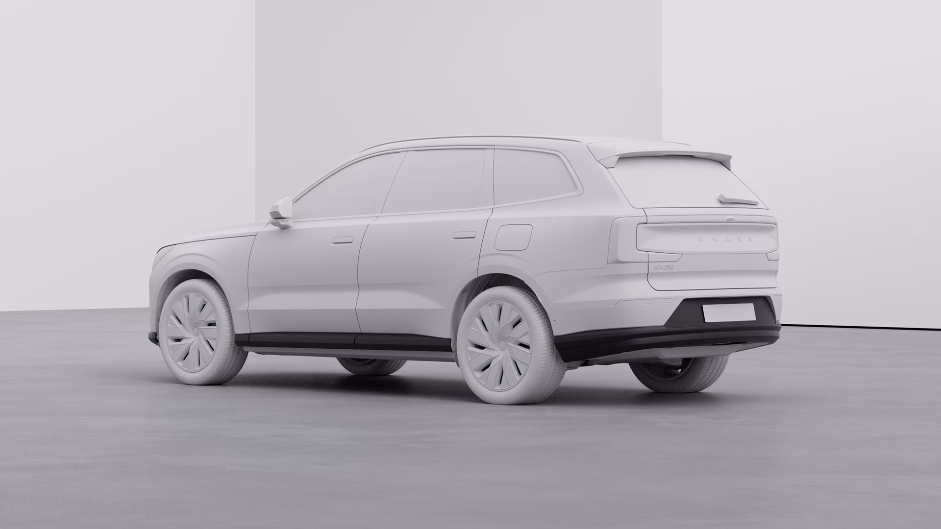 3D-модель внедорожника Volvo, показанная сбоку сзади в минималистичной студийной обстановке.