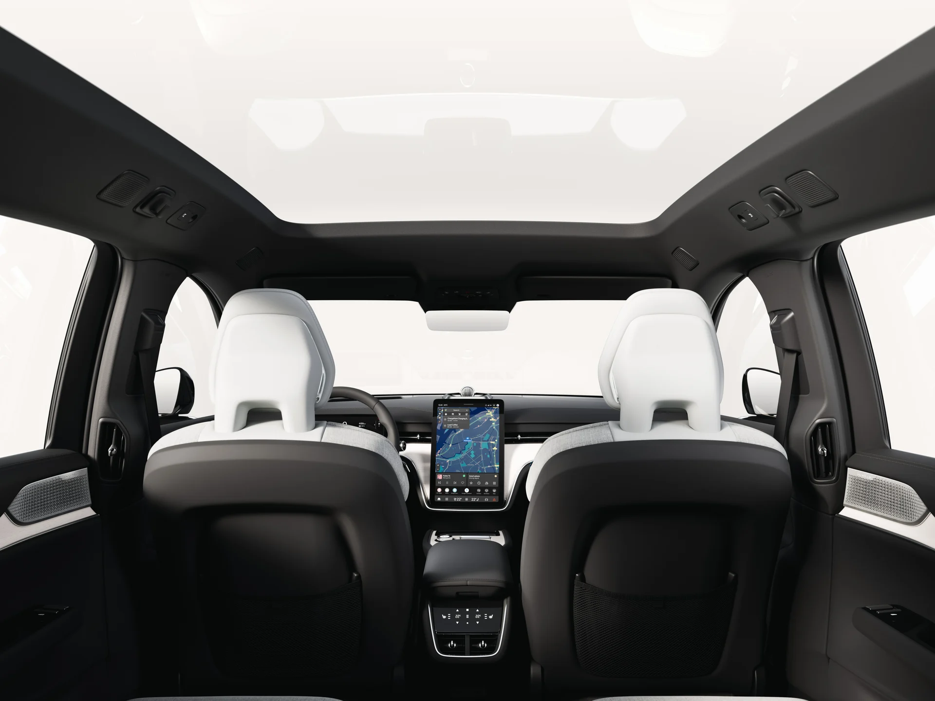 Обзор салона Volvo EX90, электрохромическая крыша с заднего сиденья.