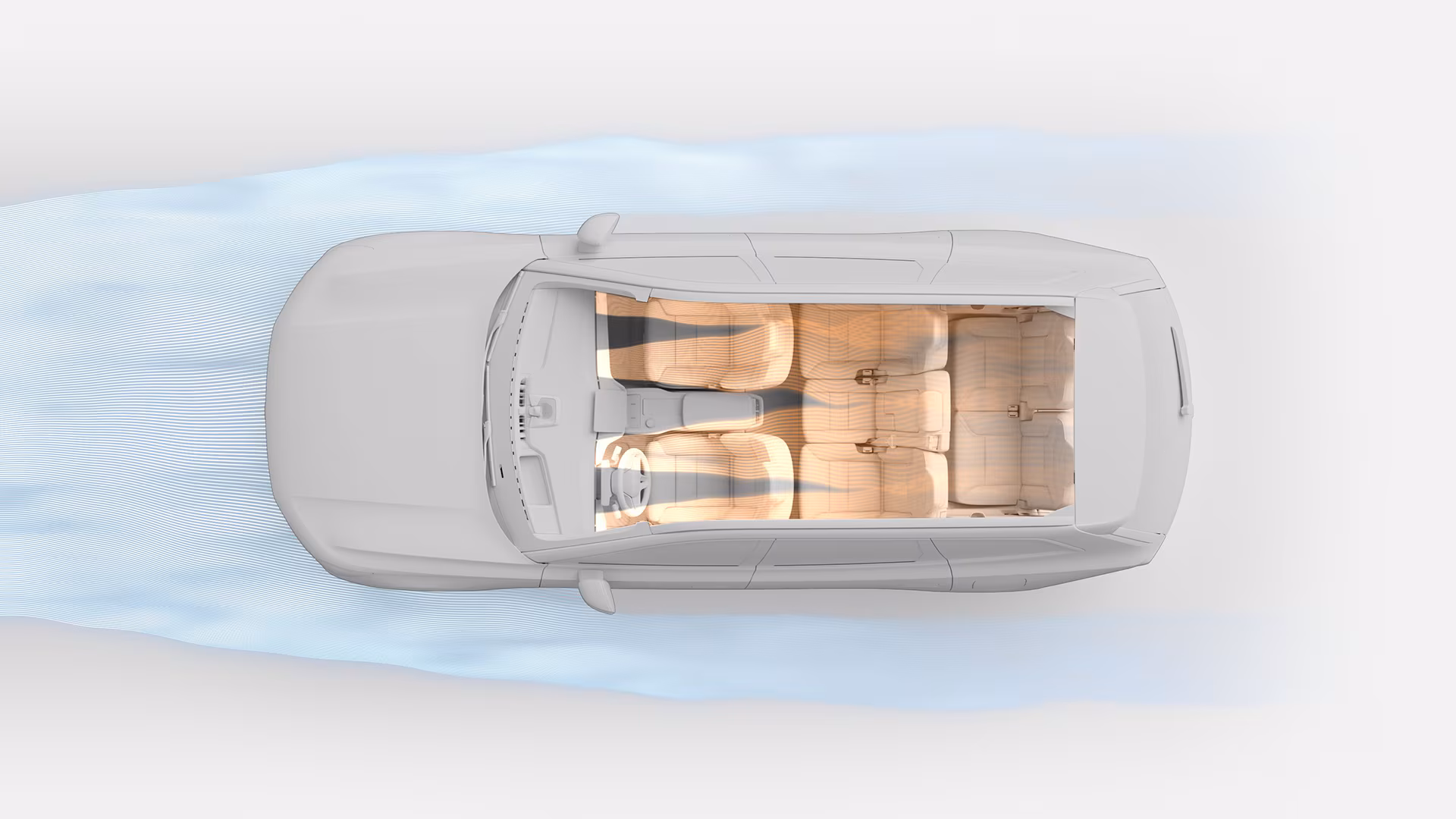 Вид сверху вниз на салон автомобиля Volvo, с акцентом на расположение сидений и схему воздушного потока вокруг автомобиля.