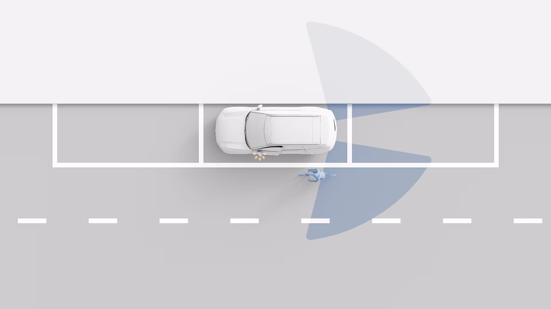 Сверху вниз изображение автомобиля Volvo, припаркованного у обочины, с датчиками, обнаруживающими приближающегося велосипедиста сбоку.