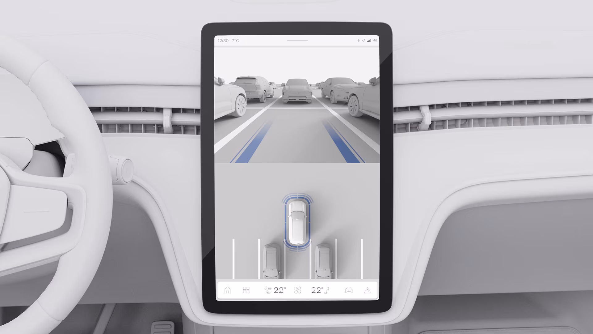 На центральном дисплее автомобиля Volvo отображается система помощи при парковке с камерой заднего вида и линиями управления парковкой.