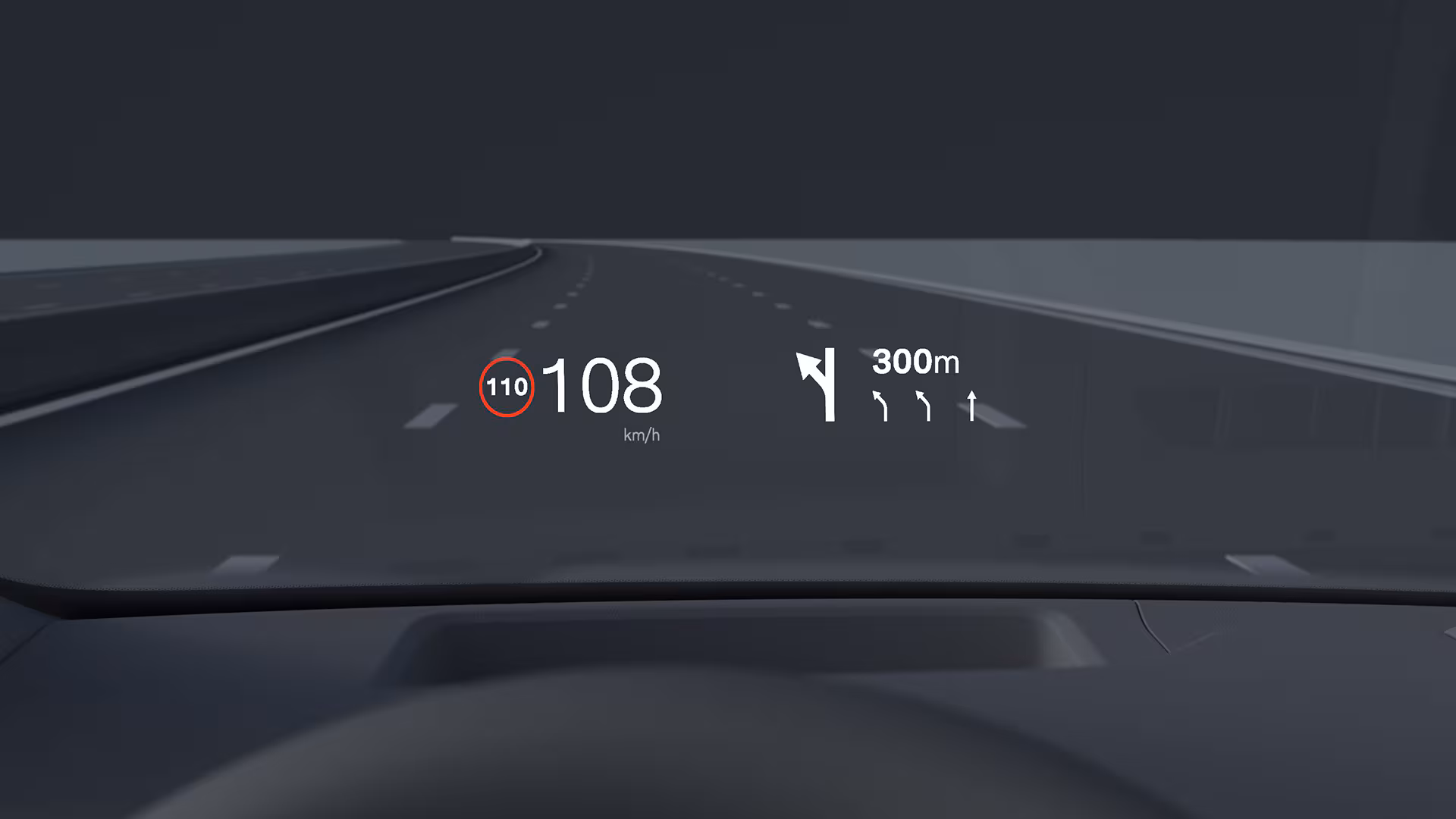 На проекционном дисплее автомобиля Volvo отображается текущая скорость, ограничение скорости 110 км/ч и навигационные указания для предстоящего поворота через 300 метров.