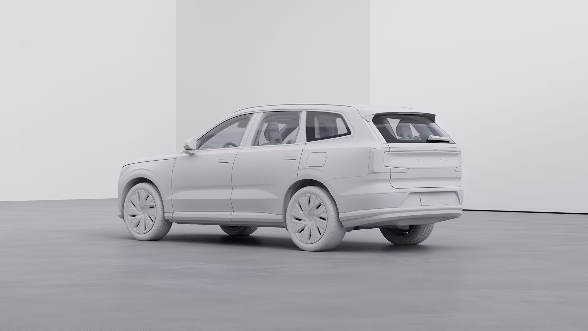Неокрашенная 3D-модель внедорожника Volvo, вид сзади в минималистичной студийной обстановке.