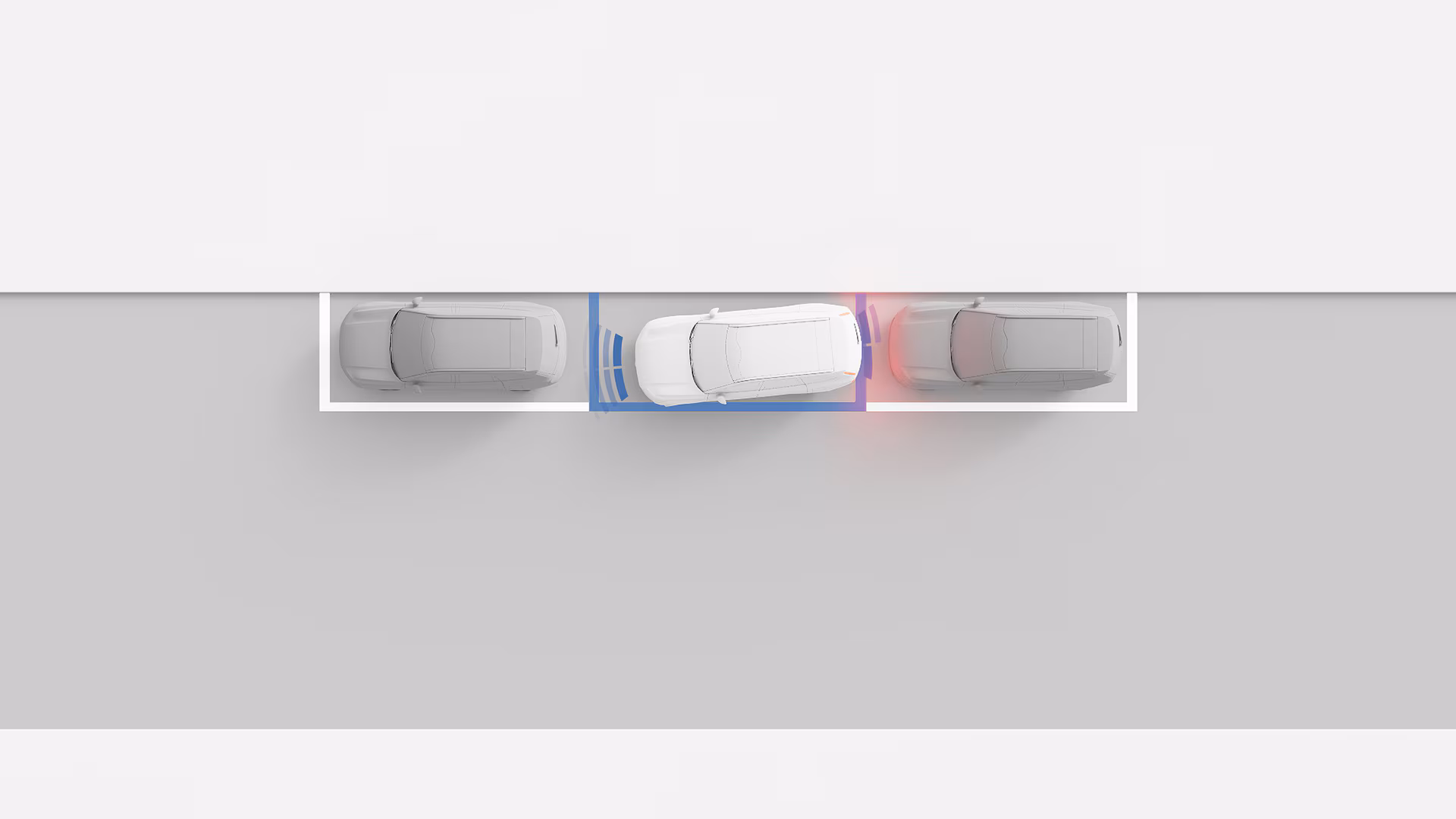 Вид сверху на иллюстрацию автомобиля Volvo, который параллельно паркуется между двумя другими автомобилями, демонстрируя технологию помощи при парковке с выделенными синим и красным областями датчиков.