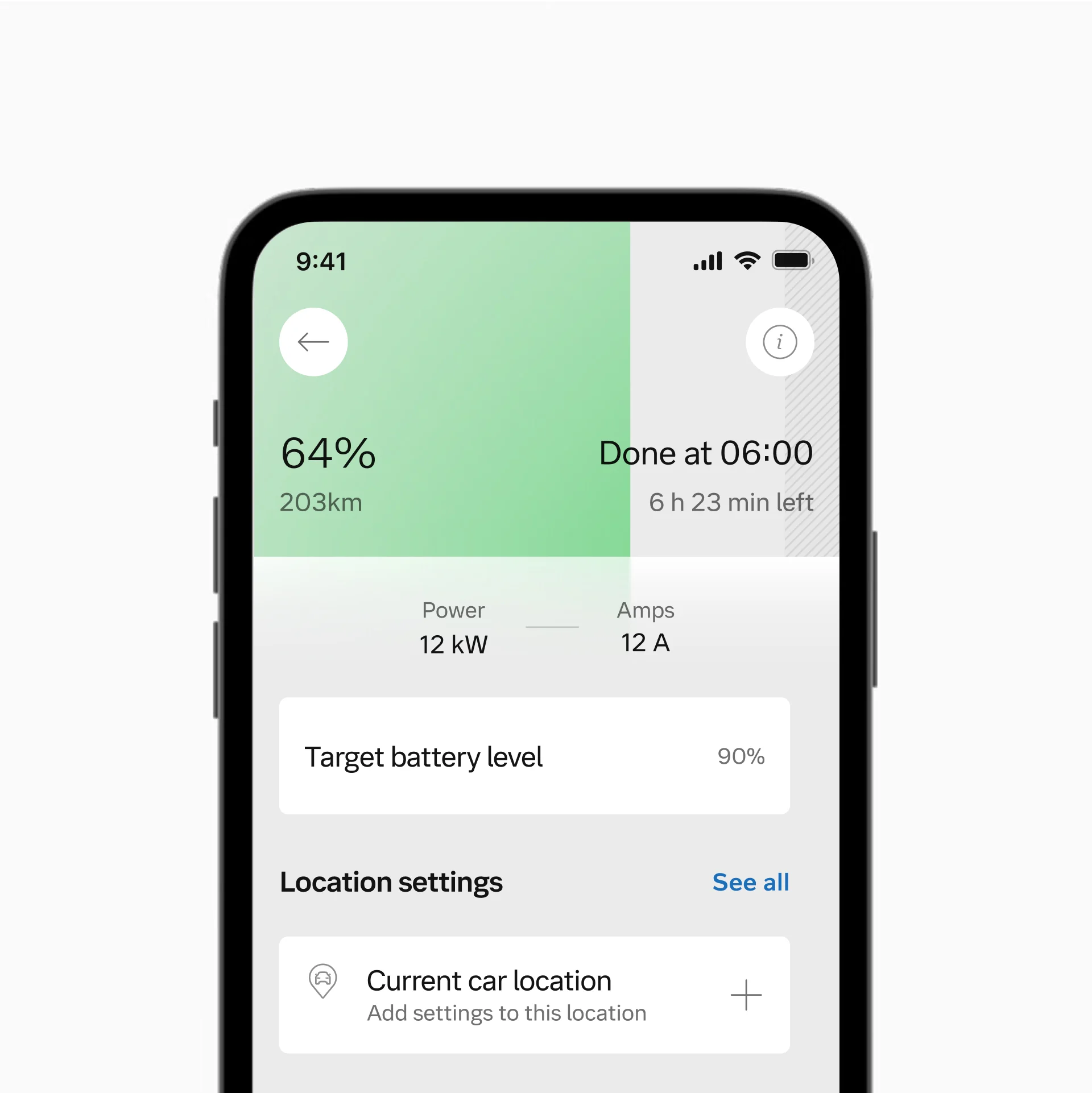 Интерфейс приложения Volvo Cars app с указанием способов оплаты, истории платежей и контактного номера доступных зарядных станций с заголовком «Общественная зарядка».