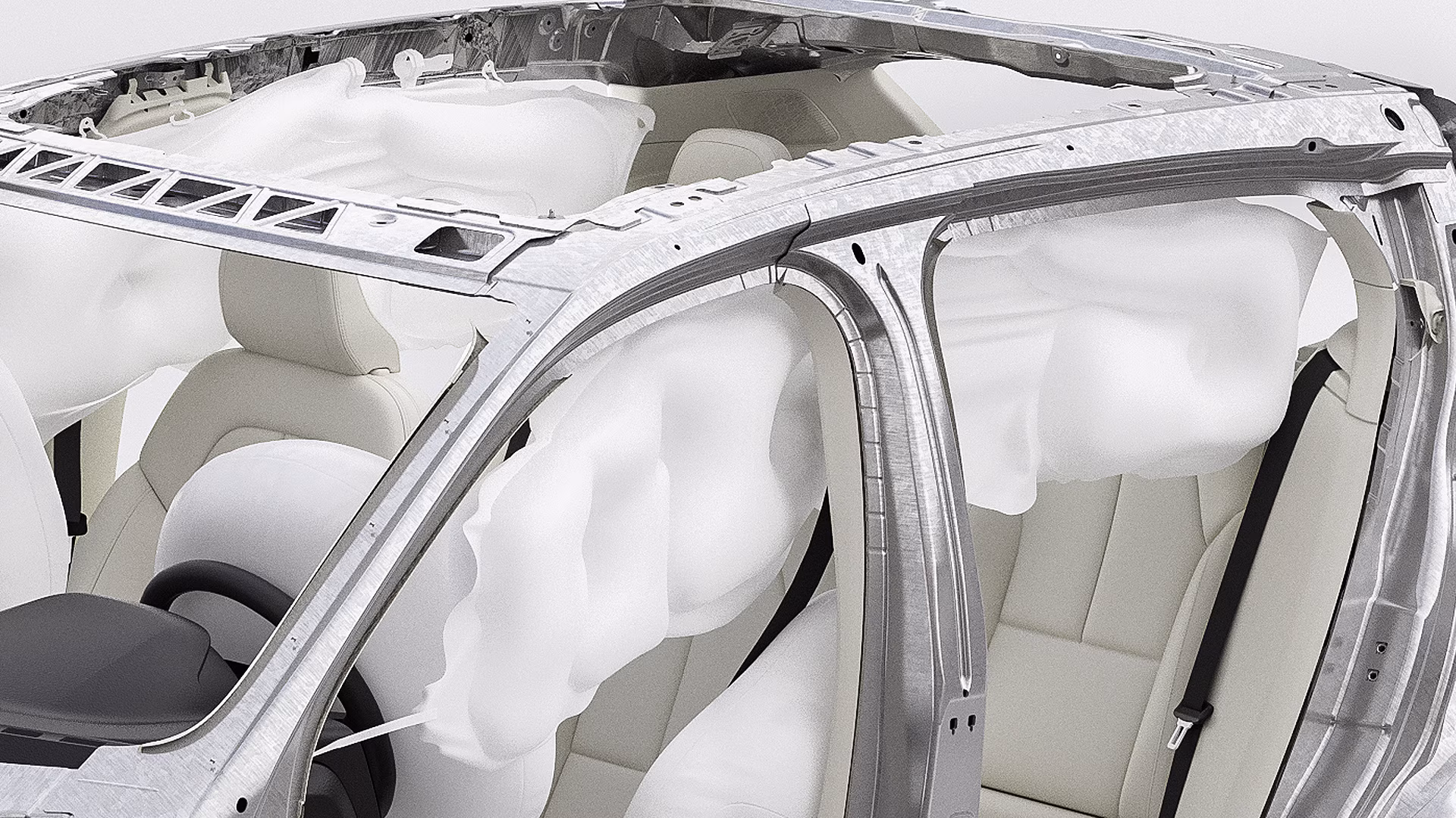 Вид изнутри автомобиля Volvo с включенными подушками безопасности спереди и сбоку для повышения безопасности пассажиров.