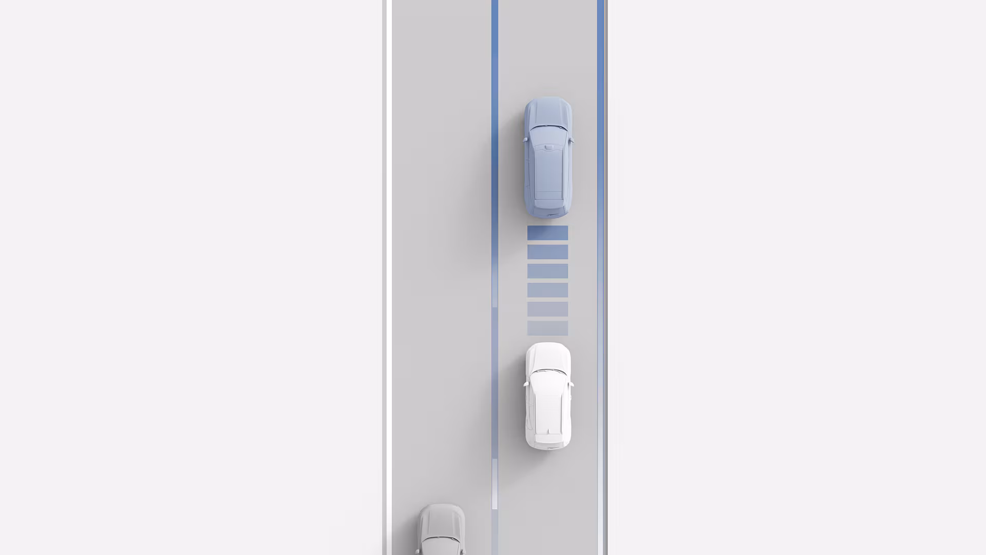Иллюстрация автомобиля Volvo, поддерживающего безопасную дистанцию до впереди идущего автомобиля, с адаптивным круиз-контролем.